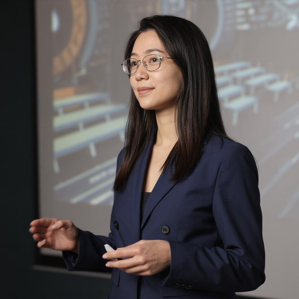 the same person presenting at a tech meetup on a small stage, blazer