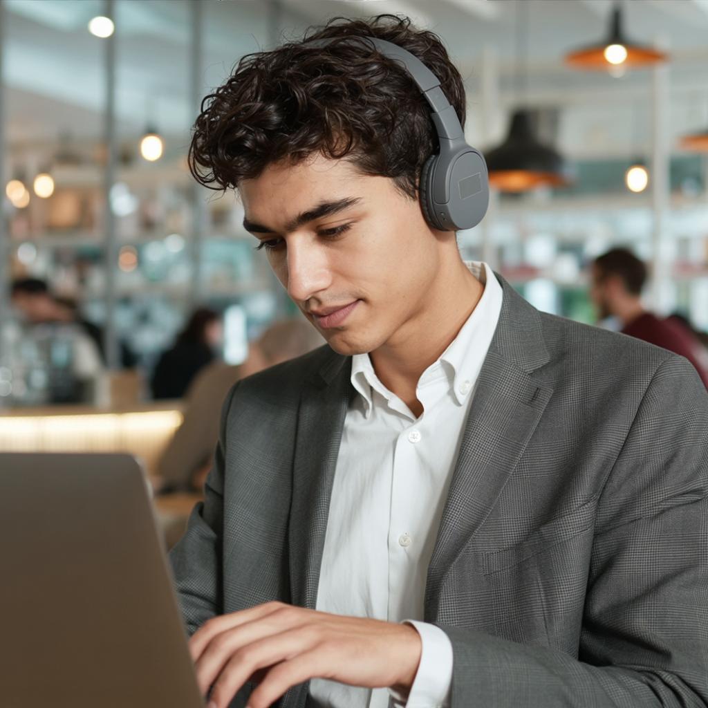 the same person working on a laptop at a modern cafe, headphones, focused
