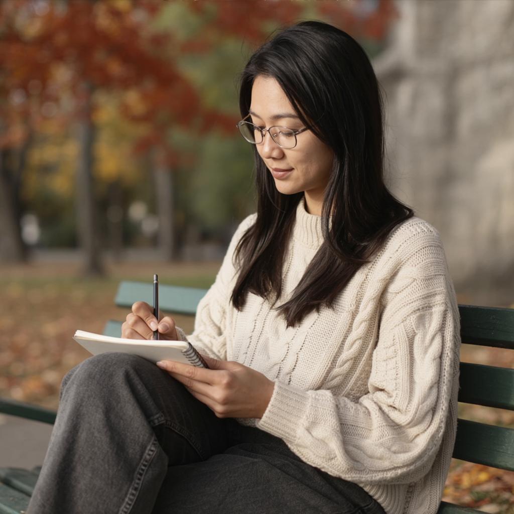 the same person sketching in a notebook on a park bench, autumn setting