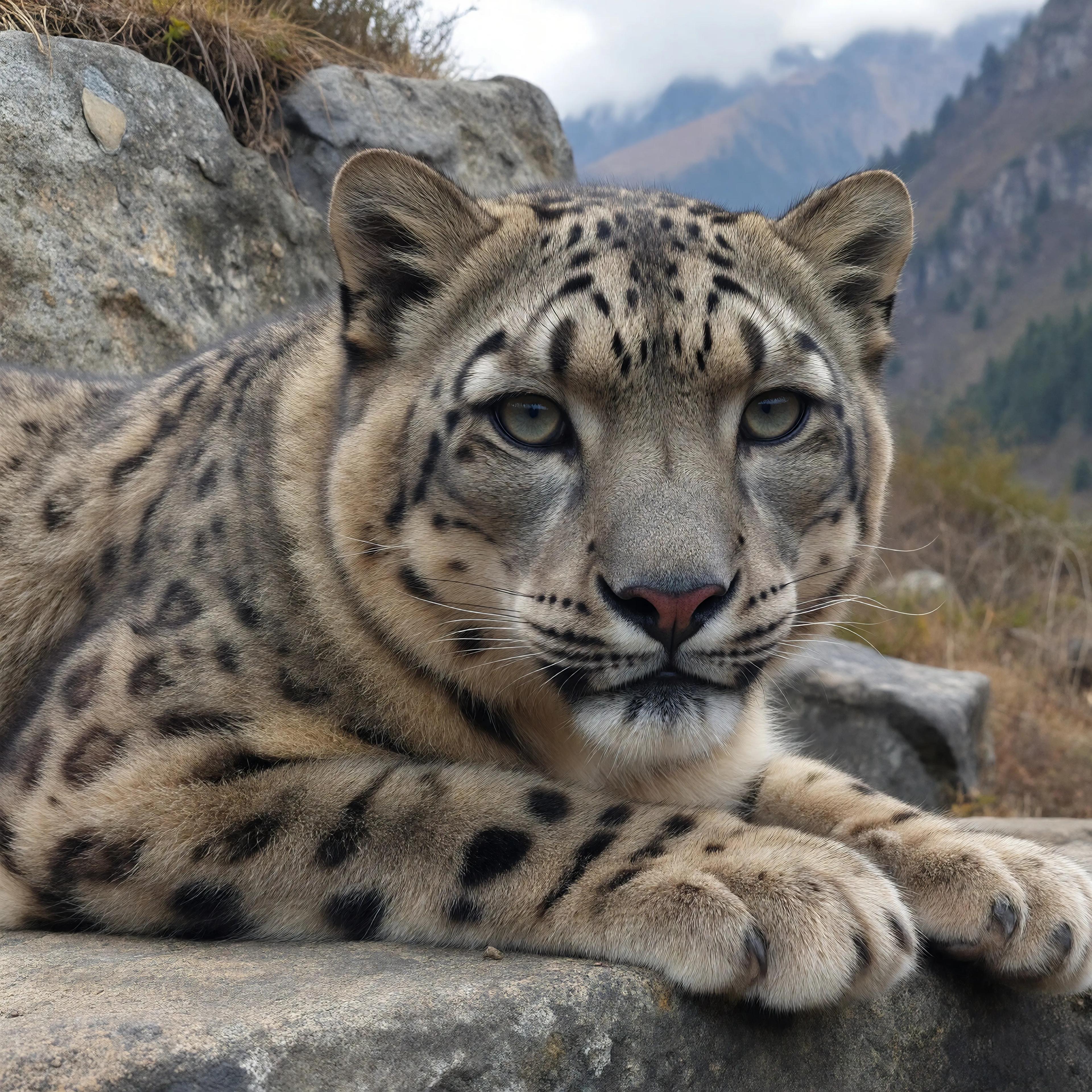A majestic snow leopard resting on a rocky ledge in the Himalayas, piercing eyes, crisp wildlife photography