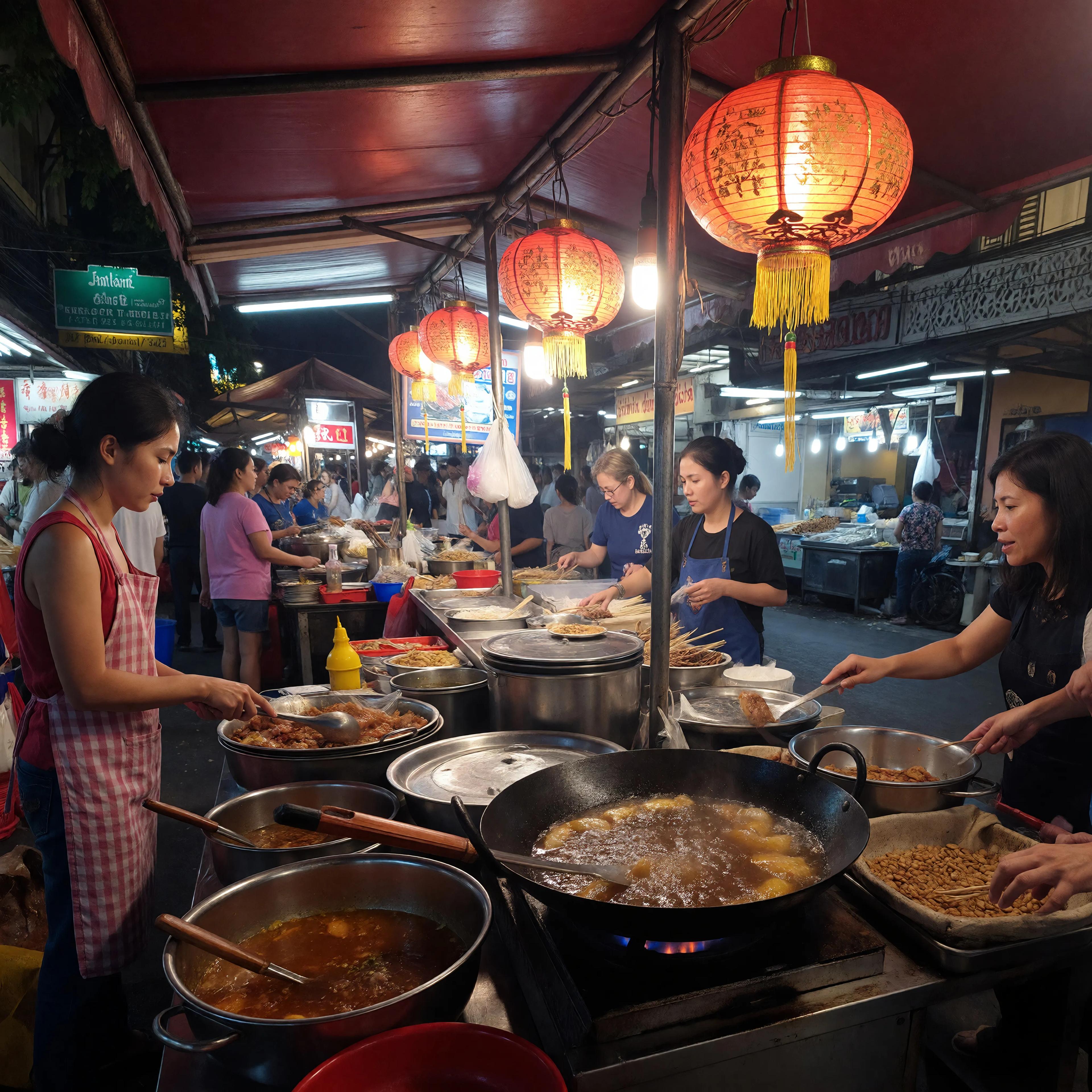 A vibrant street food market in Bangkok at night, glowing lanterns and sizzling woks, rich atmospheric color