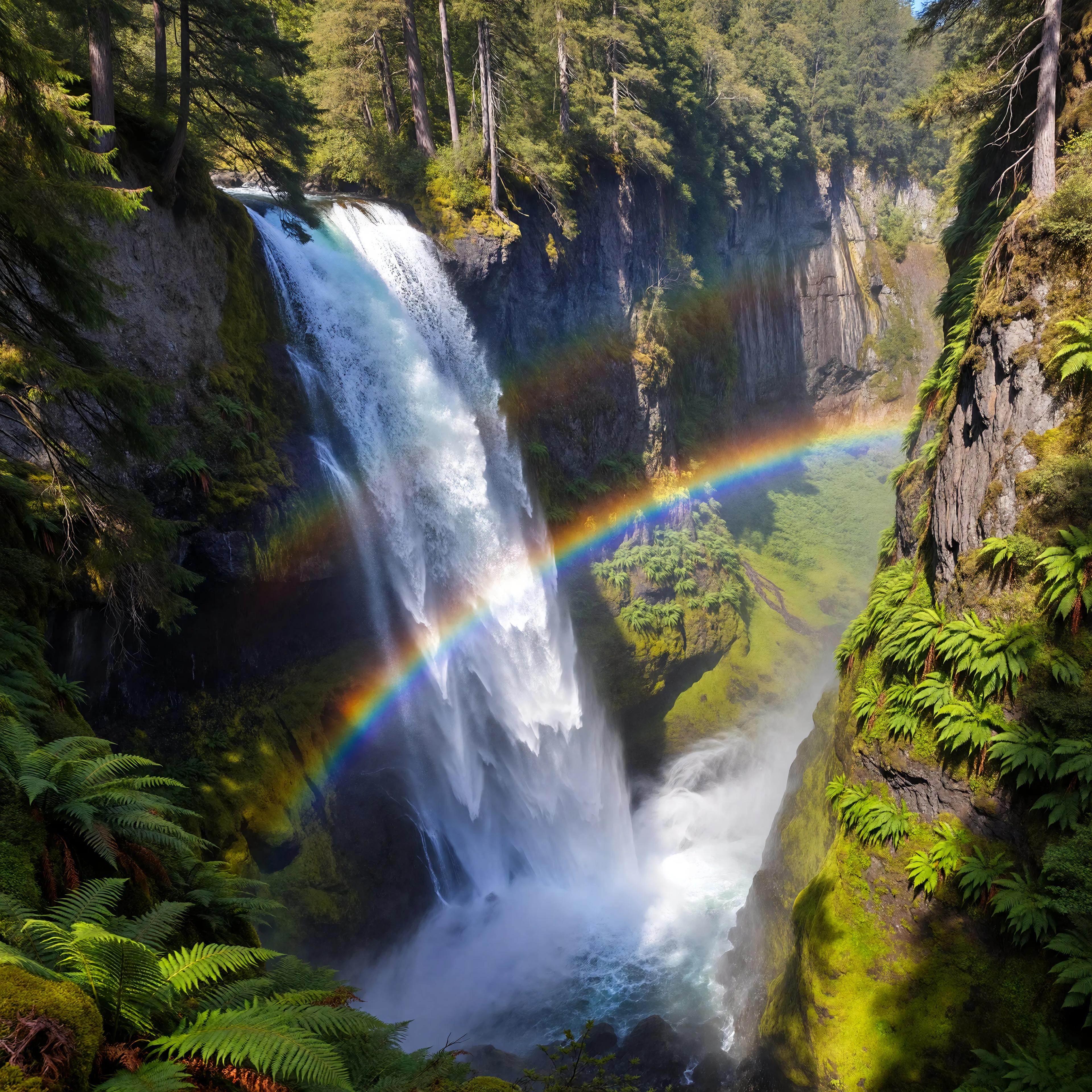 A powerful waterfall cascading through a lush green canyon, mist catching rainbow light, wide landscape