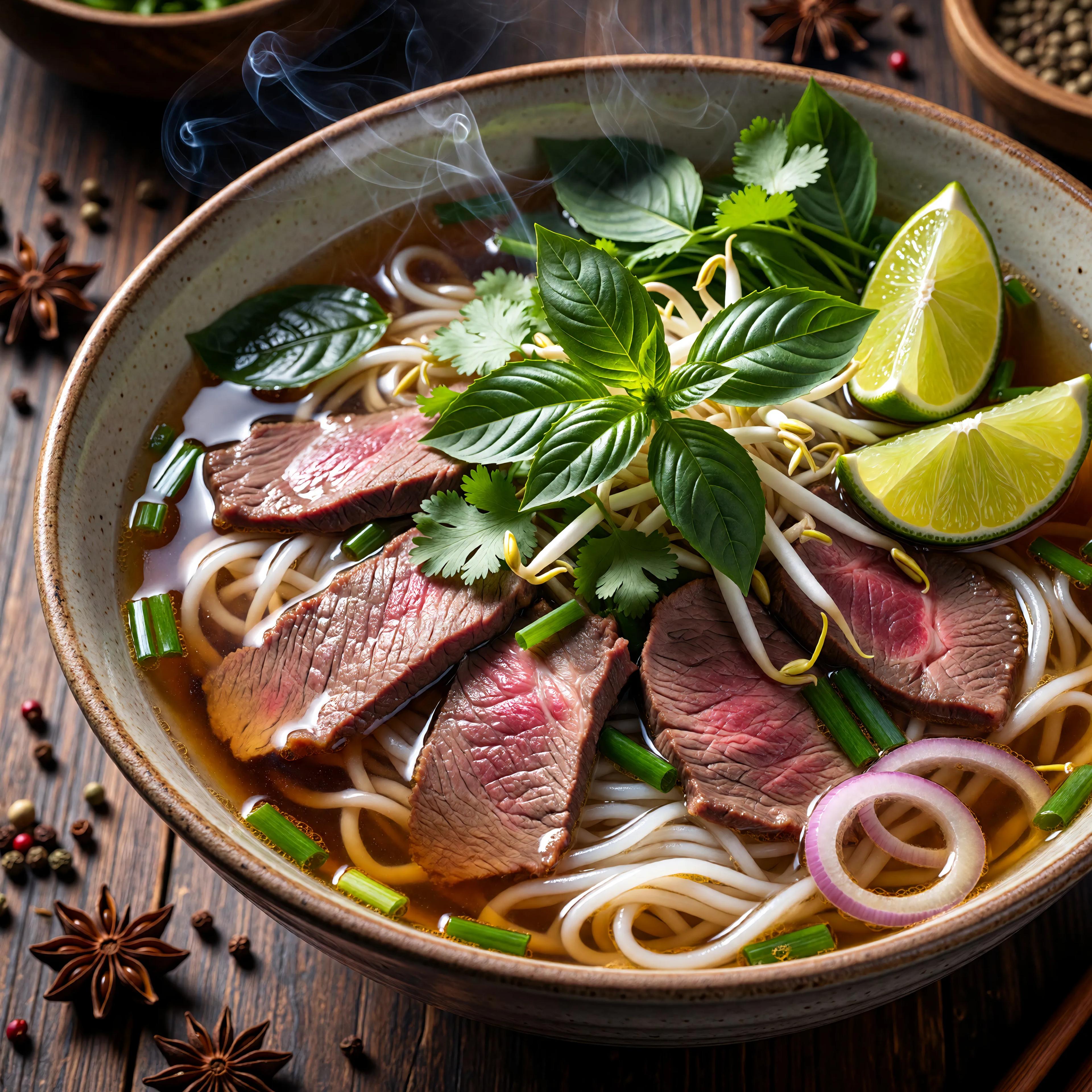 A detailed steaming bowl of pho with fresh herbs and lime, overhead shot, appetizing food photography