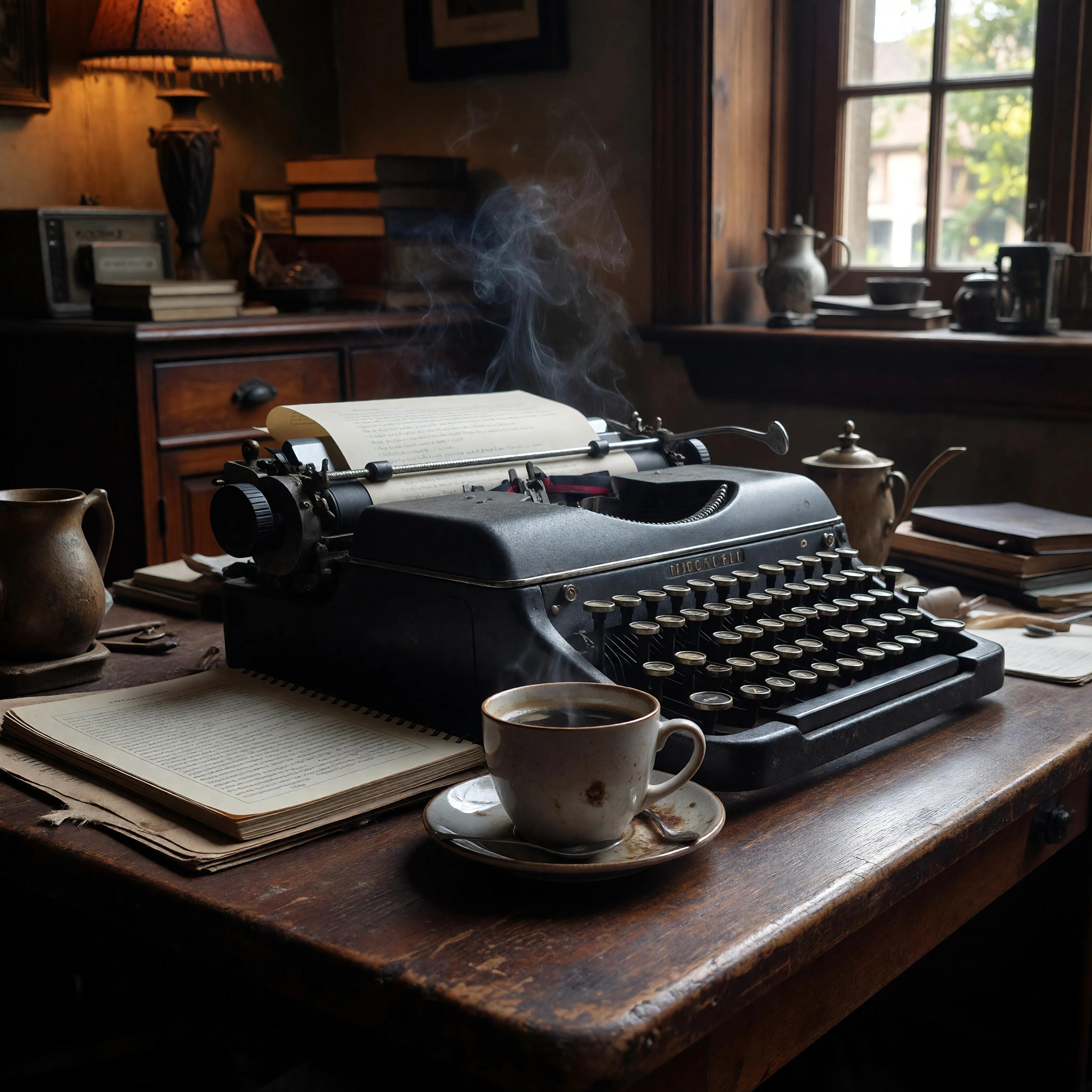 A vintage typewriter on a desk beside a steaming coffee and an open notebook, warm cinematic lighting