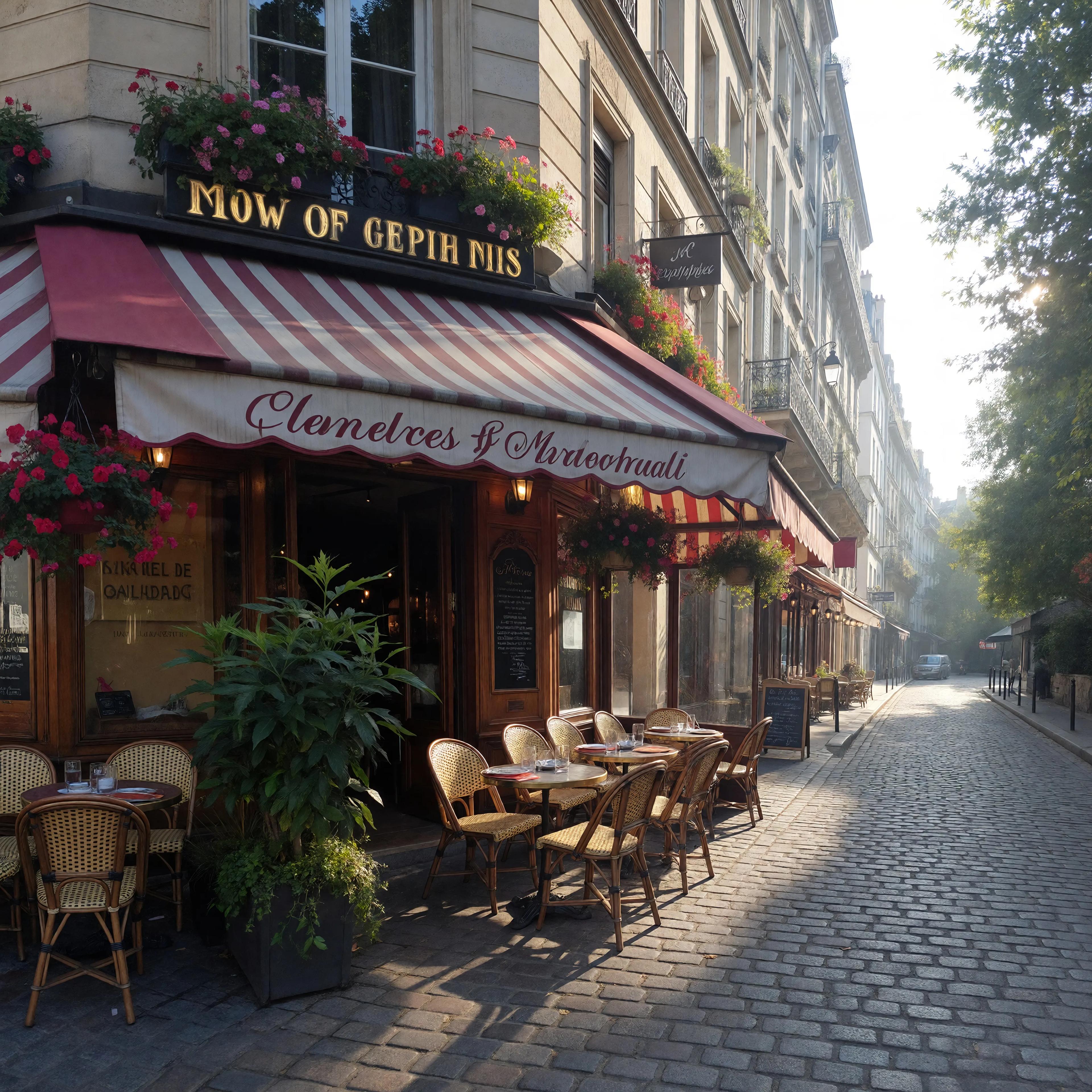 A charming Parisian cafe corner with a striped awning and flowers, cobblestone street, soft morning light