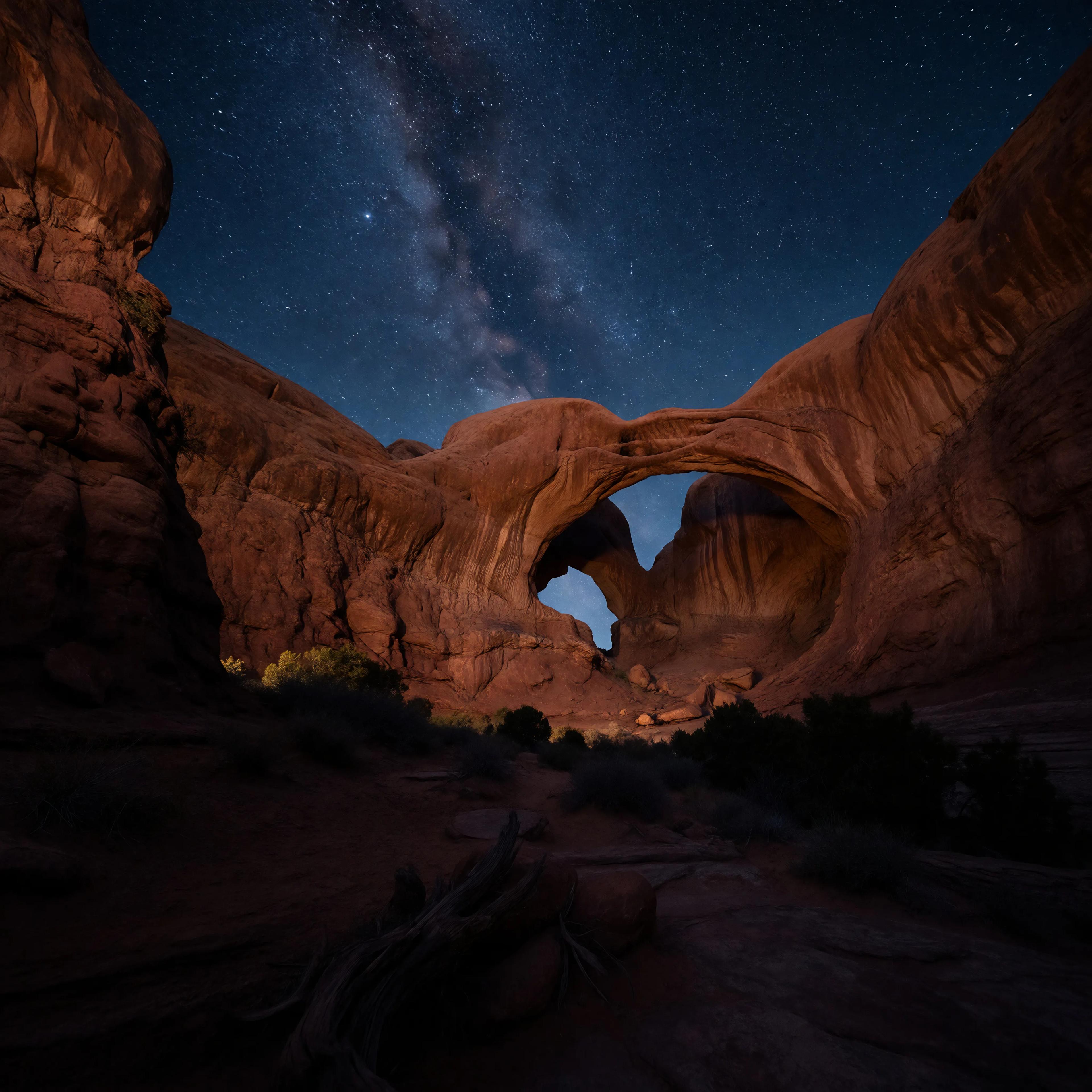 A dramatic desert landscape with towering red rock arches under a star-filled night sky, long exposure