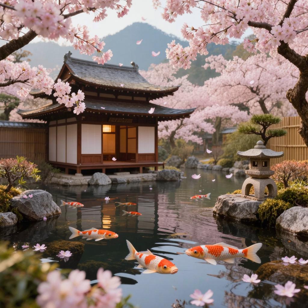 A serene Japanese tea garden in spring, cherry blossoms drifting over a koi pond, soft morning light, highly detailed