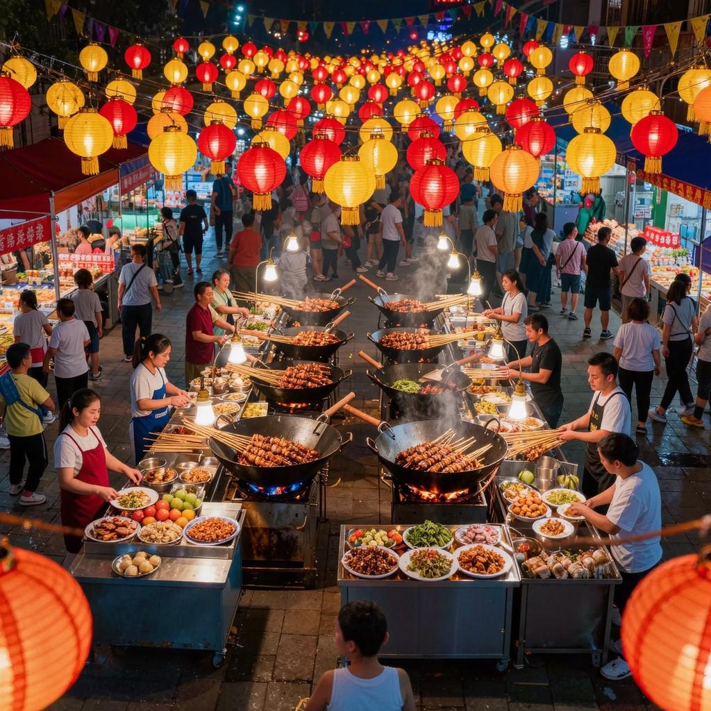 A vibrant street food market at night, glowing lanterns and sizzling woks, rich atmospheric color