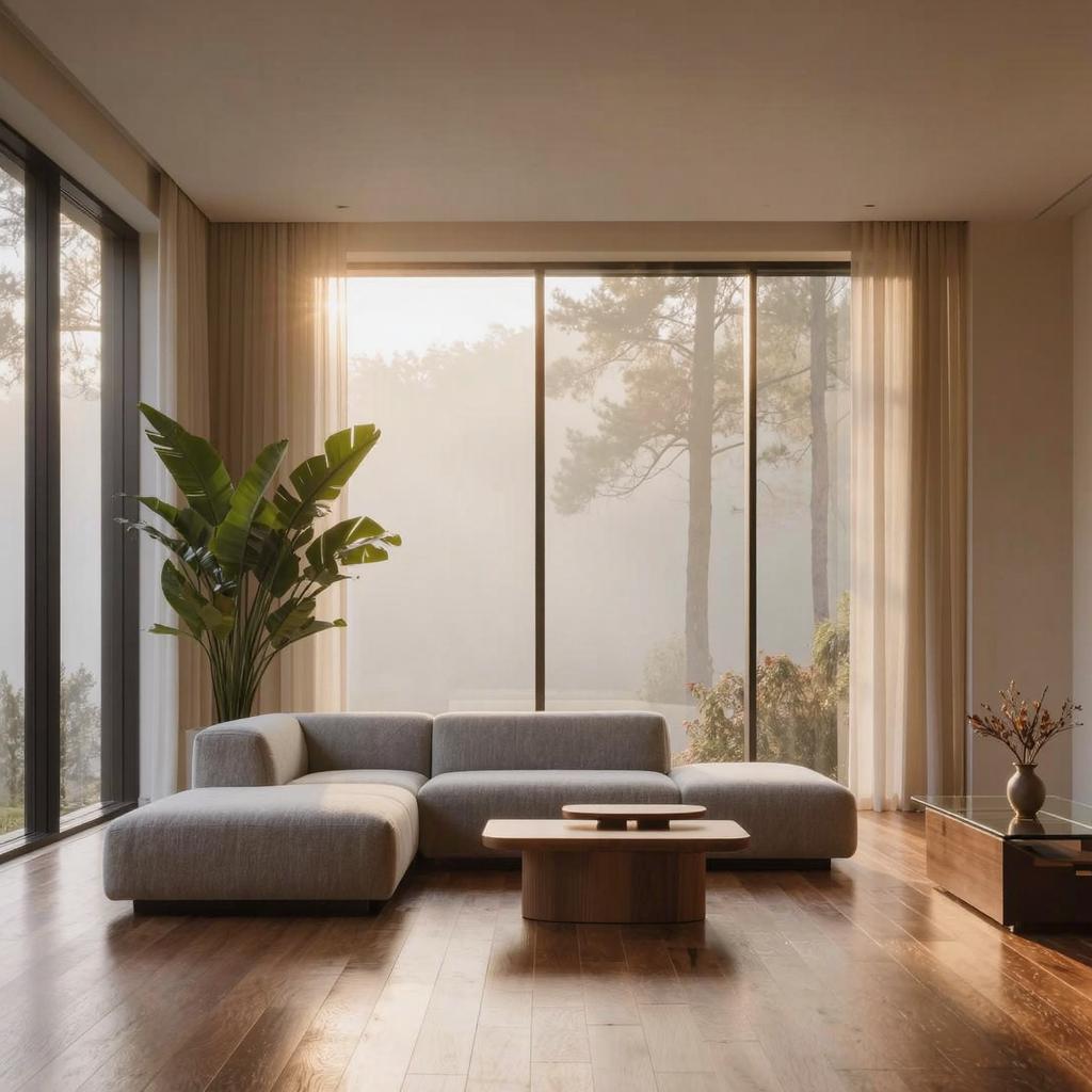 An elegant modern living room with floor-to-ceiling windows overlooking a misty forest, warm natural light