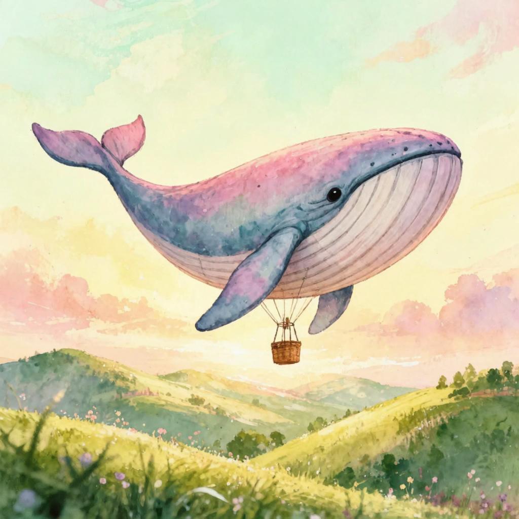 A whimsical hot air balloon shaped like a whale floating over rolling green hills, dreamy pastel sky
