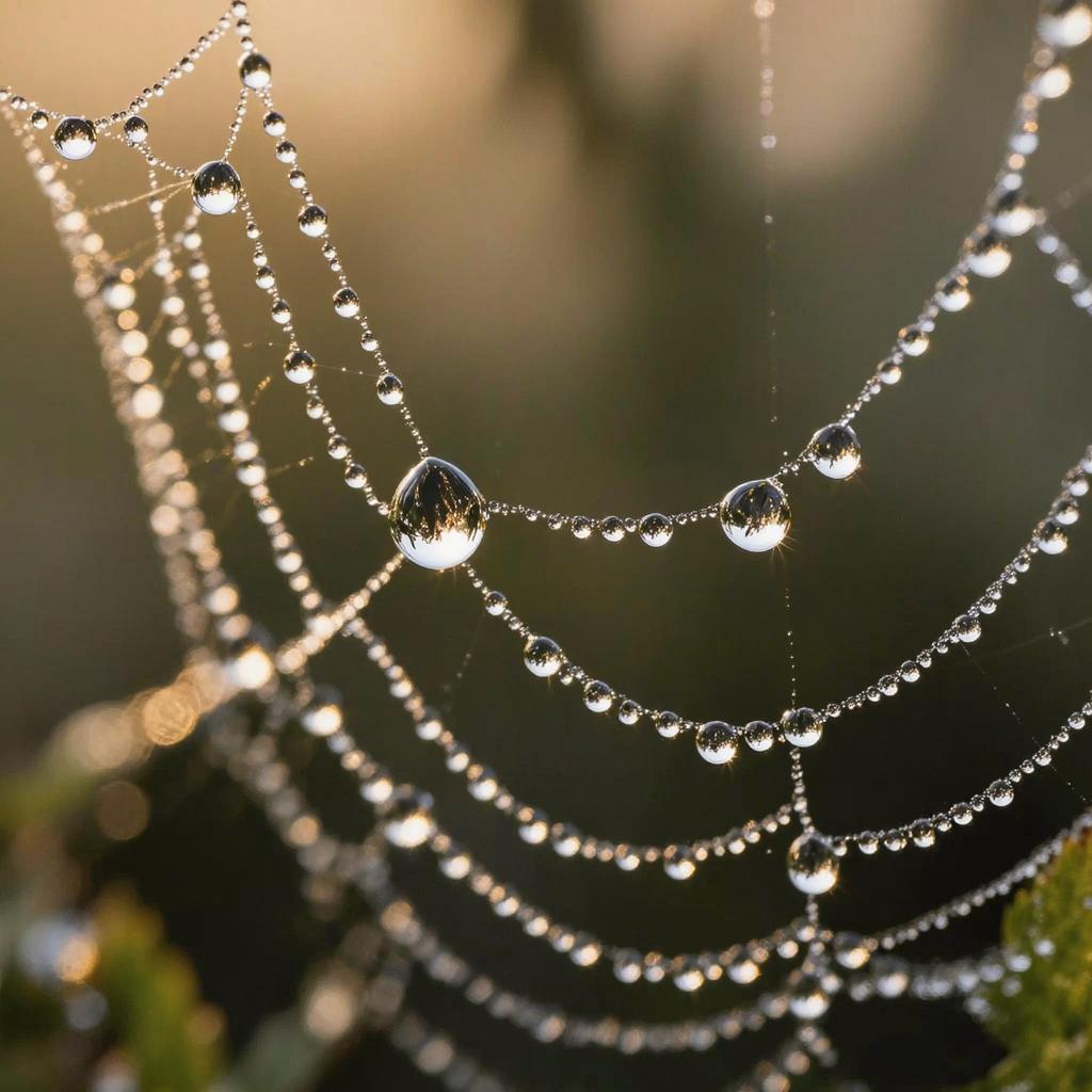 A close-up of dewdrops on a spider web at dawn, soft bokeh, macro nature photography