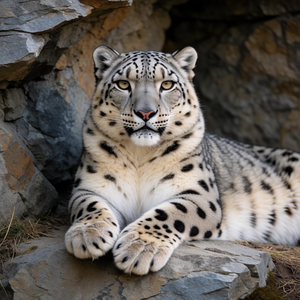 A majestic snow leopard resting on a rocky Himalayan ledge, piercing eyes, crisp wildlife photography