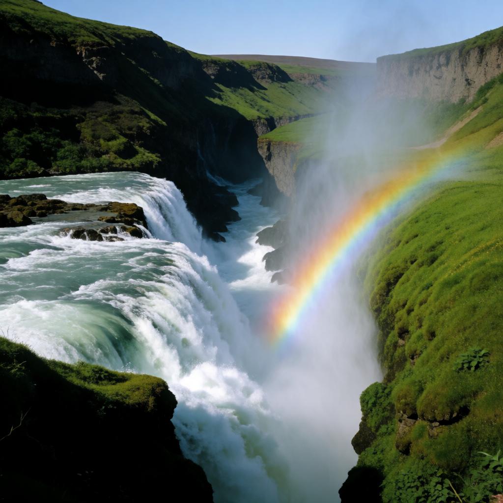 A powerful waterfall cascading through a lush green canyon, mist catching rainbow light, wide landscape