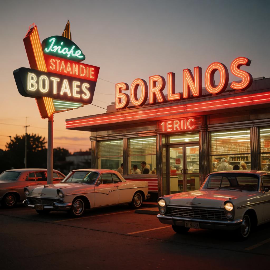 A retro 1960s diner at dusk, neon signs glowing, classic cars parked outside, nostalgic warm tones