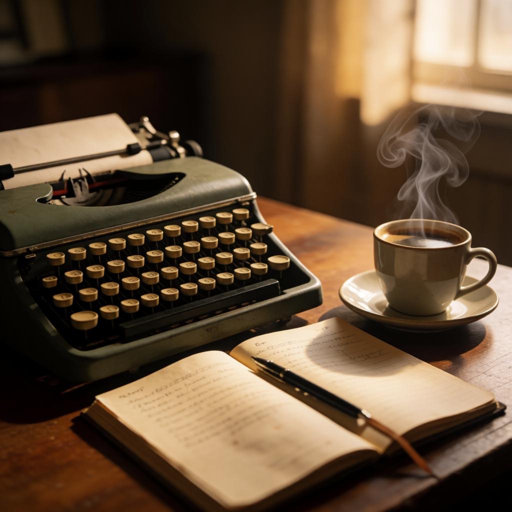 A vintage typewriter on a desk beside a steaming coffee and an open notebook, warm cinematic lighting