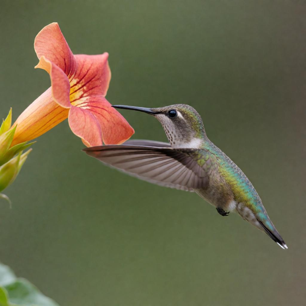 A delicate hummingbird hovering beside a trumpet flower, iridescent feathers, crisp macro photography