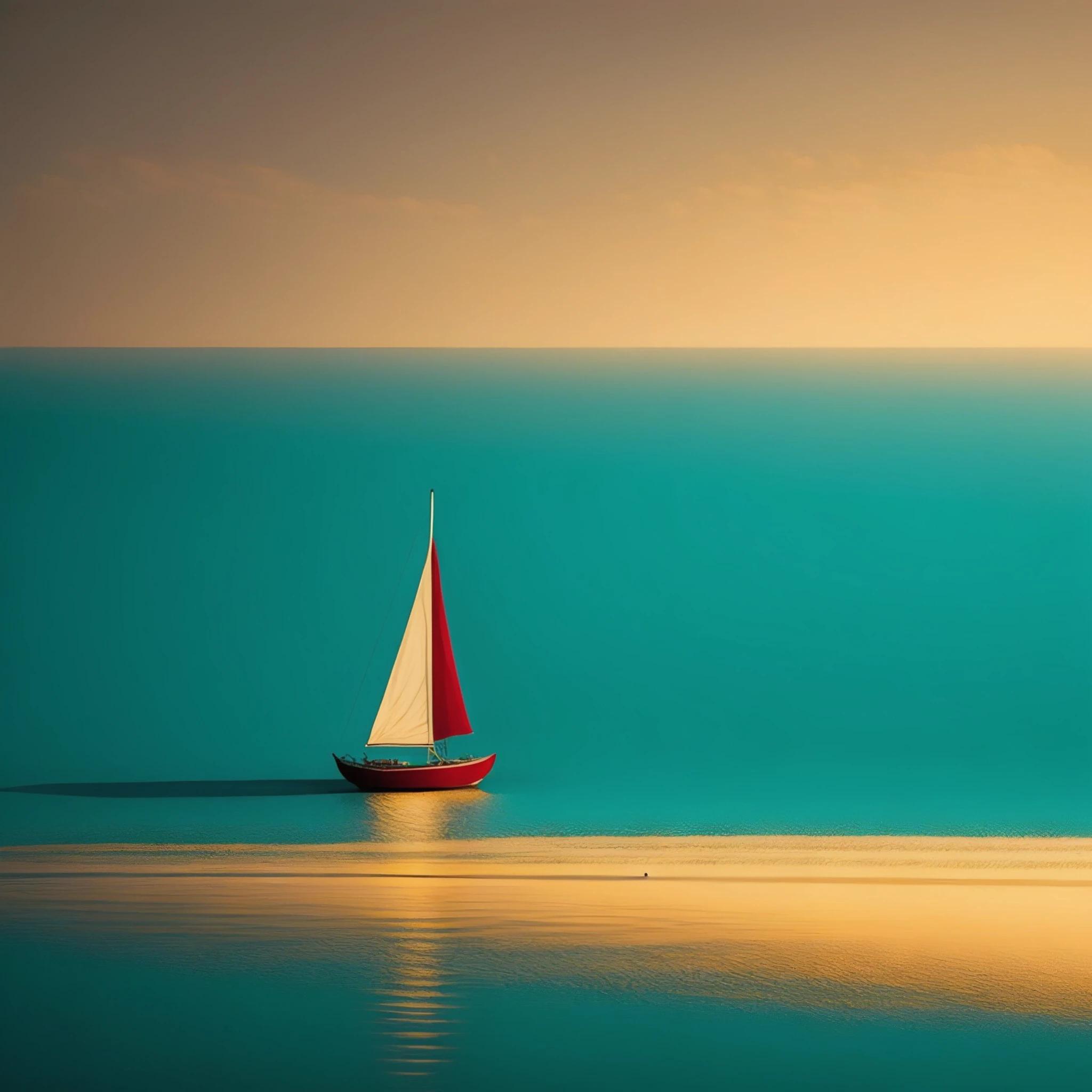 A lone red sailboat on a calm turquoise sea at golden hour, minimalist, gentle reflections