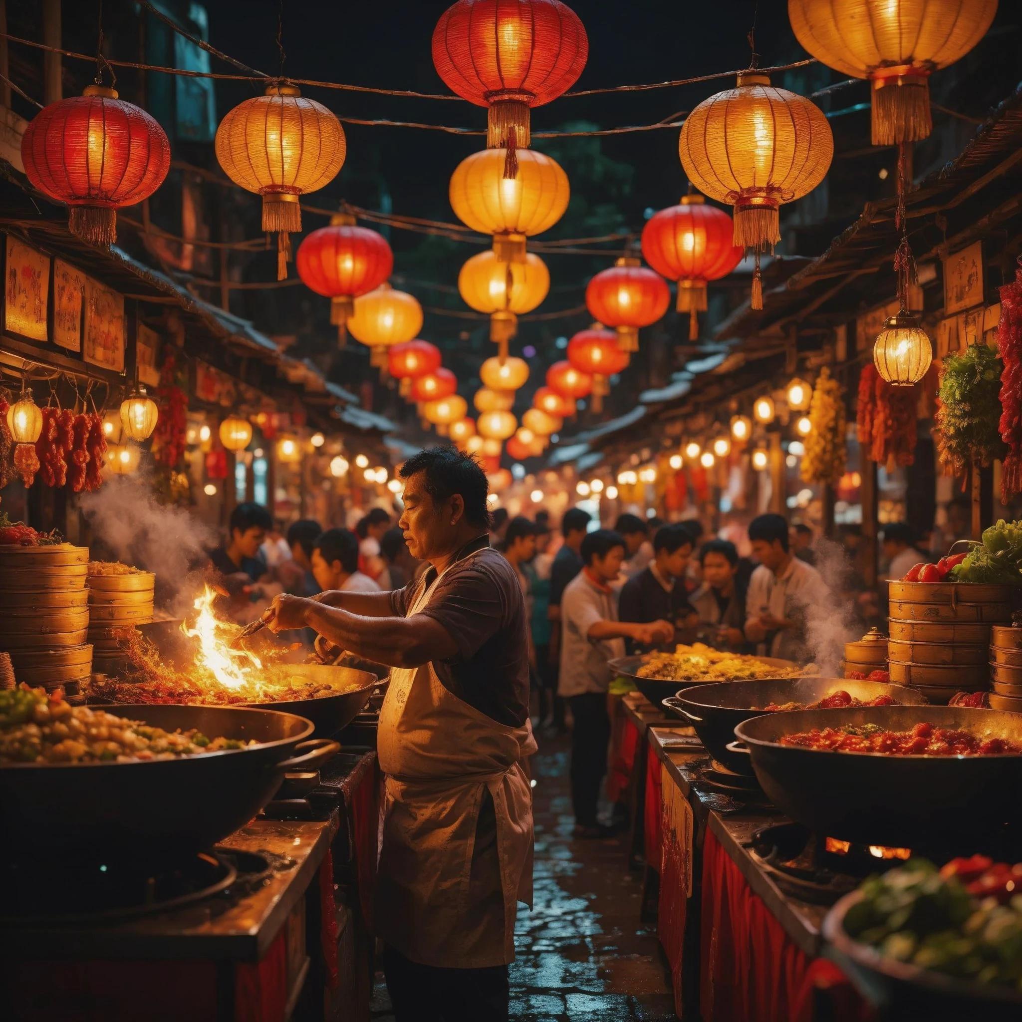 A vibrant night street food market, glowing lanterns and sizzling woks, rich color