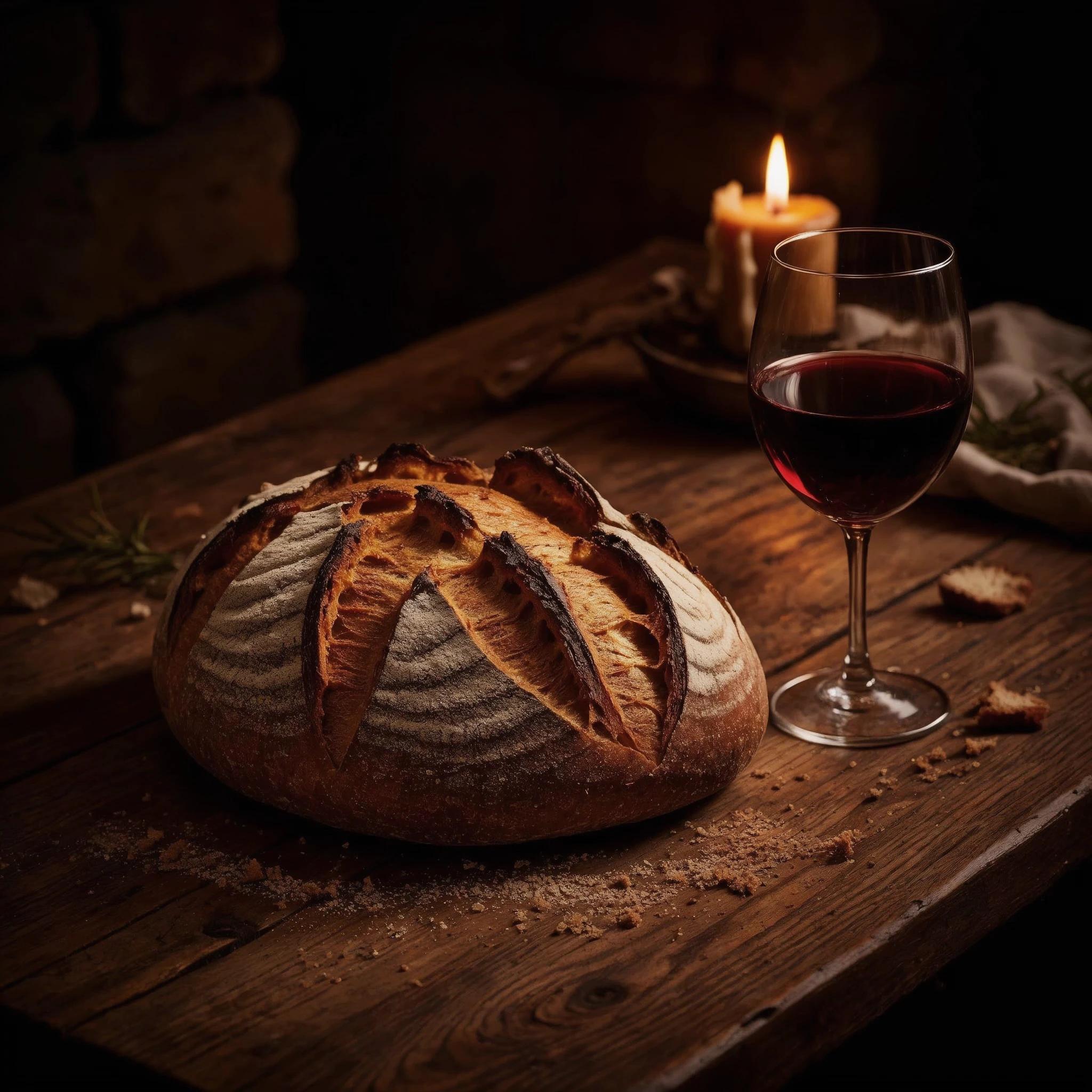 A rustic loaf of crusty bread and red wine on a wooden table, candlelit food photography
