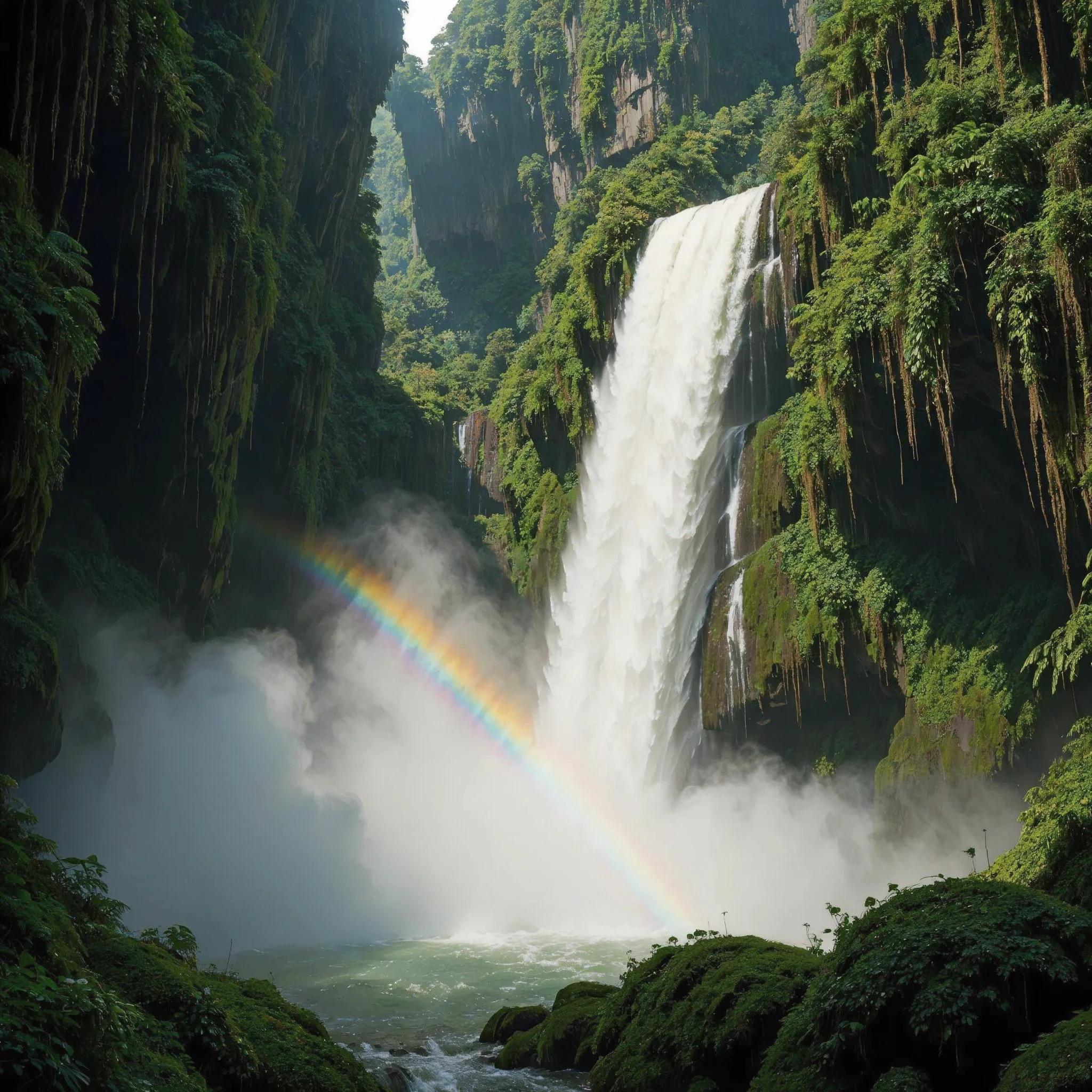 A powerful waterfall through a lush green canyon, mist catching rainbow light