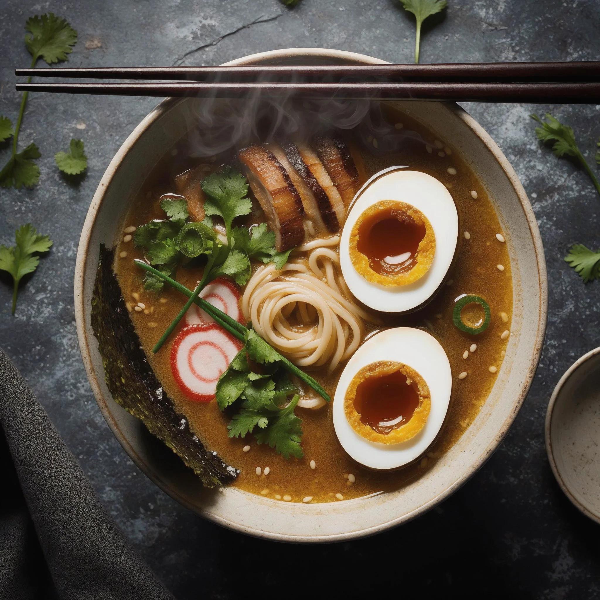A steaming bowl of ramen with herbs and a soft egg, overhead food photography
