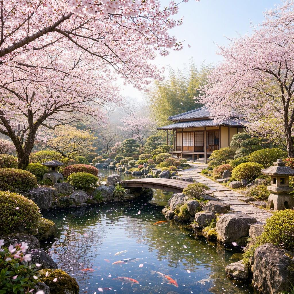 A serene Japanese tea garden in spring, cherry blossoms drifting over a koi pond, soft morning light, highly detailed