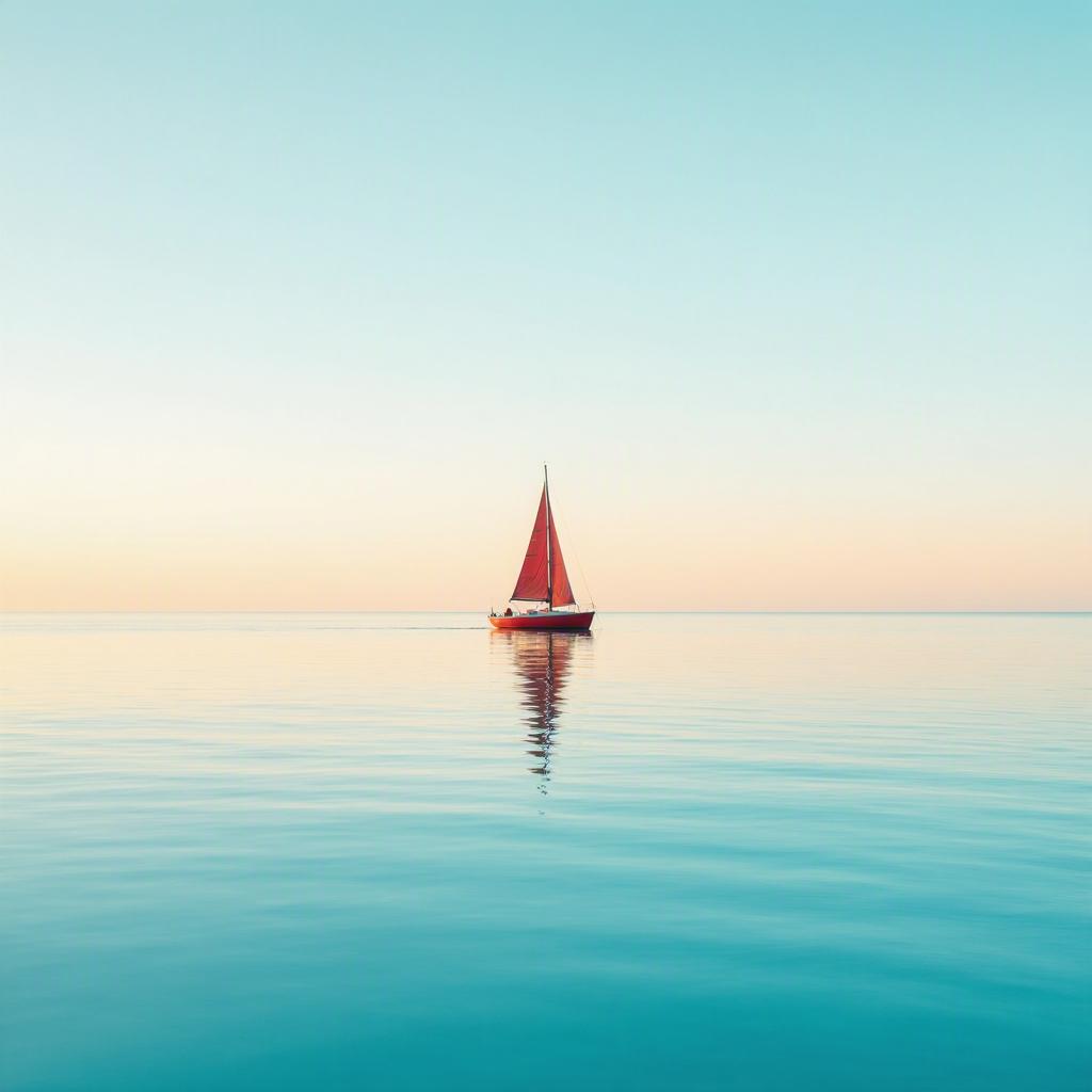 A lone red sailboat on a calm turquoise sea at golden hour, minimalist composition, gentle reflections