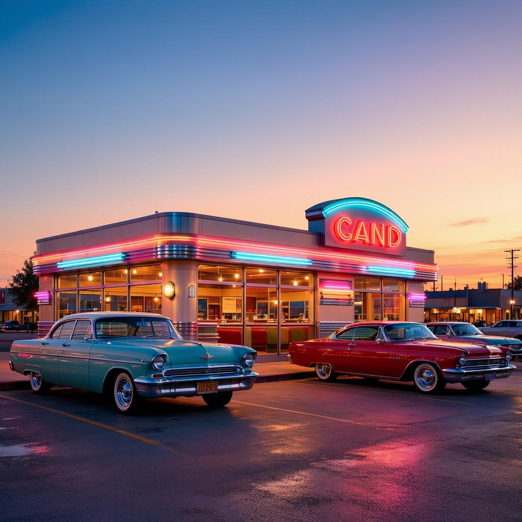 A retro 1960s diner at dusk, neon signs glowing, classic cars parked outside, nostalgic warm tones