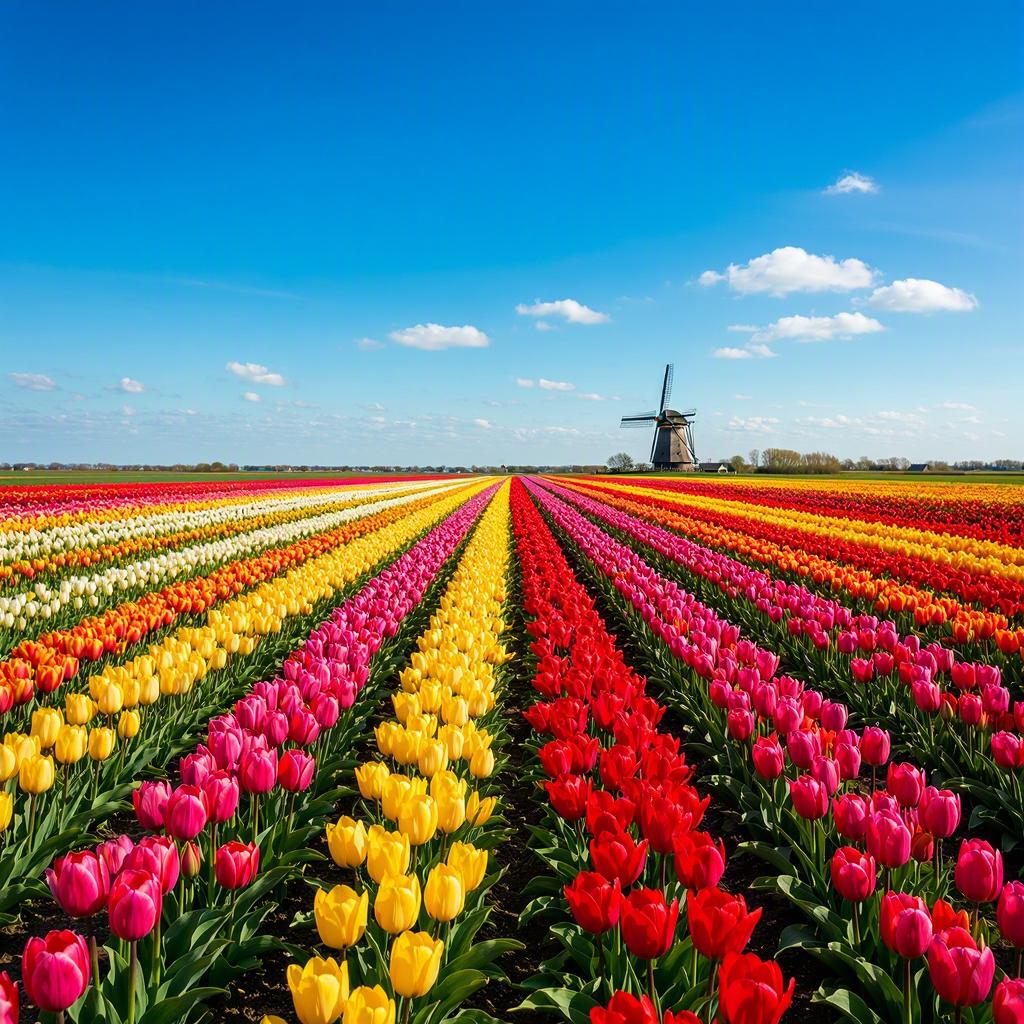 A field of vibrant tulips stretching to a windmill on the horizon, bright blue sky, Dutch countryside