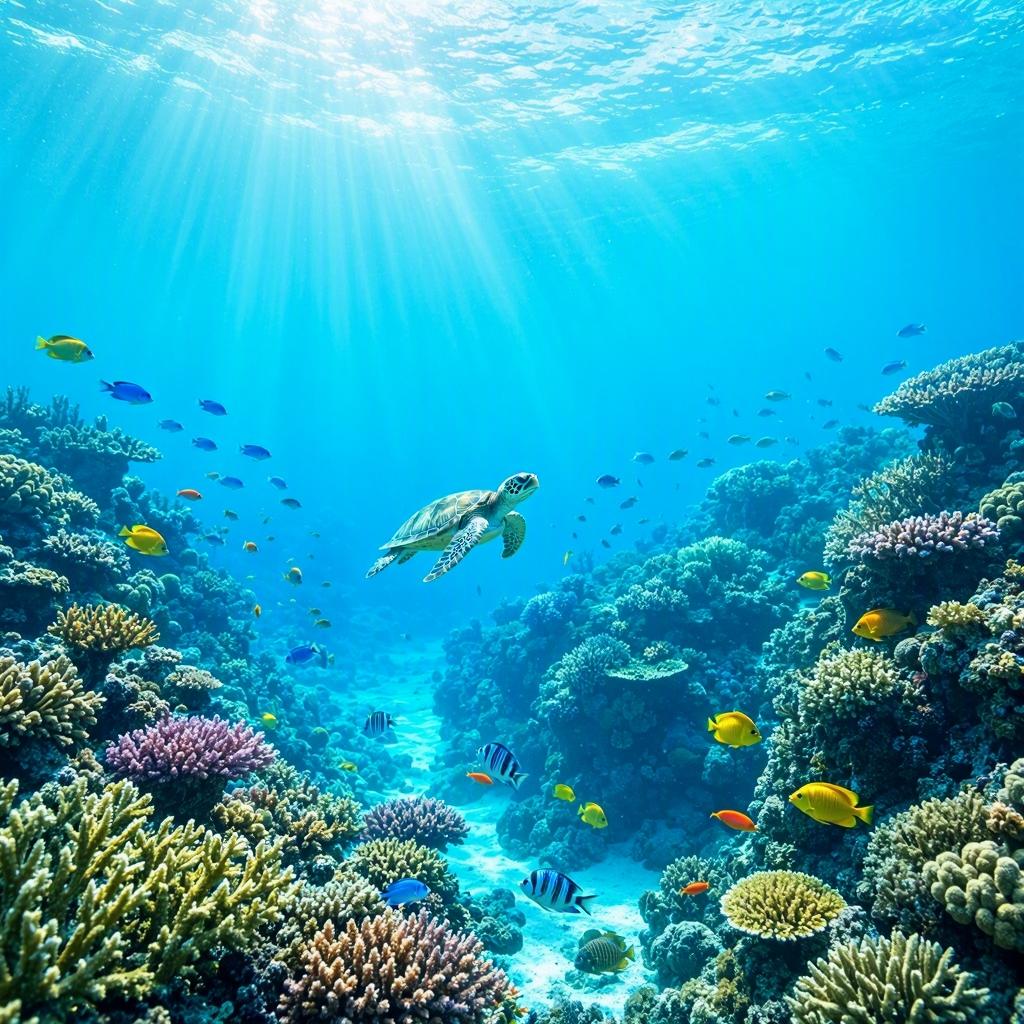 A vibrant coral reef alive with tropical fish and a sea turtle, crystal-clear water, sun rays underwater