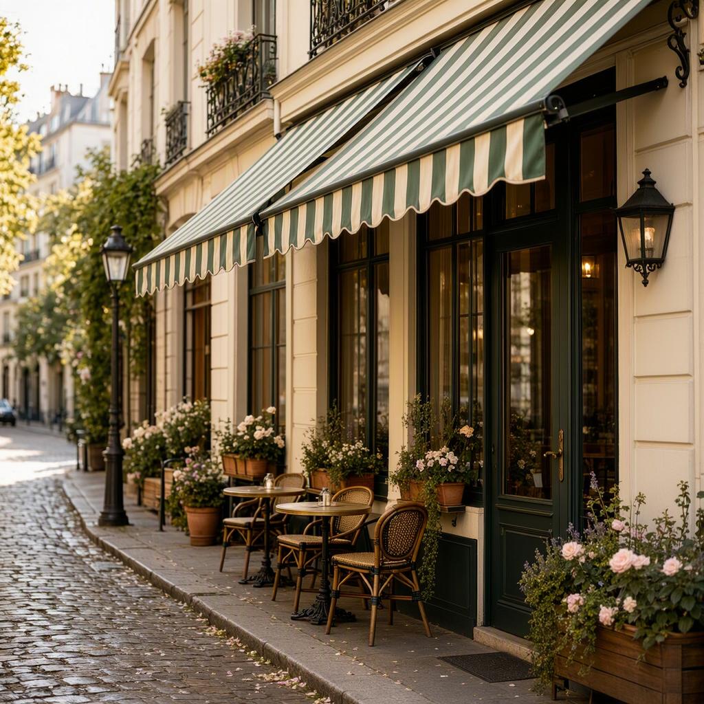 A charming Parisian cafe corner with a striped awning and flowers, cobblestone street, soft morning light