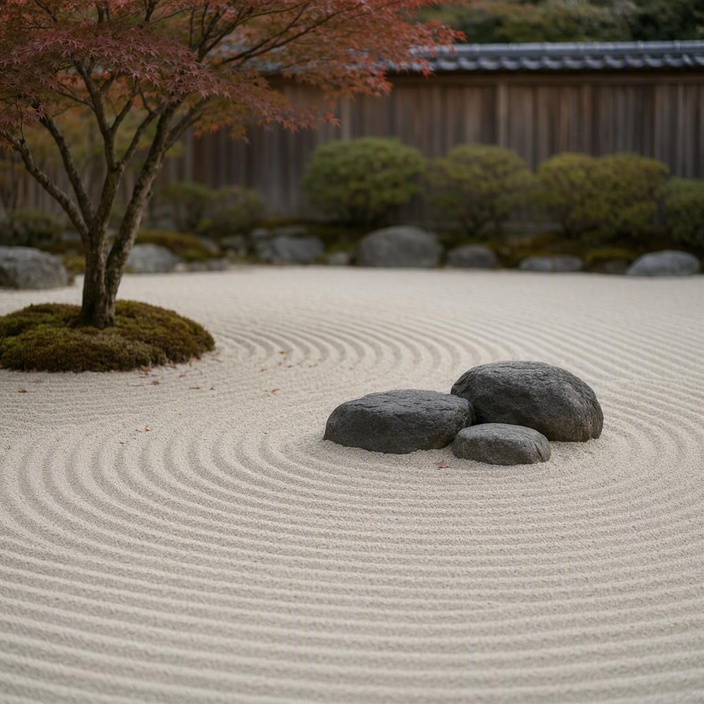 A tranquil zen rock garden with raked sand and a single maple tree, soft overcast light, minimalist composition