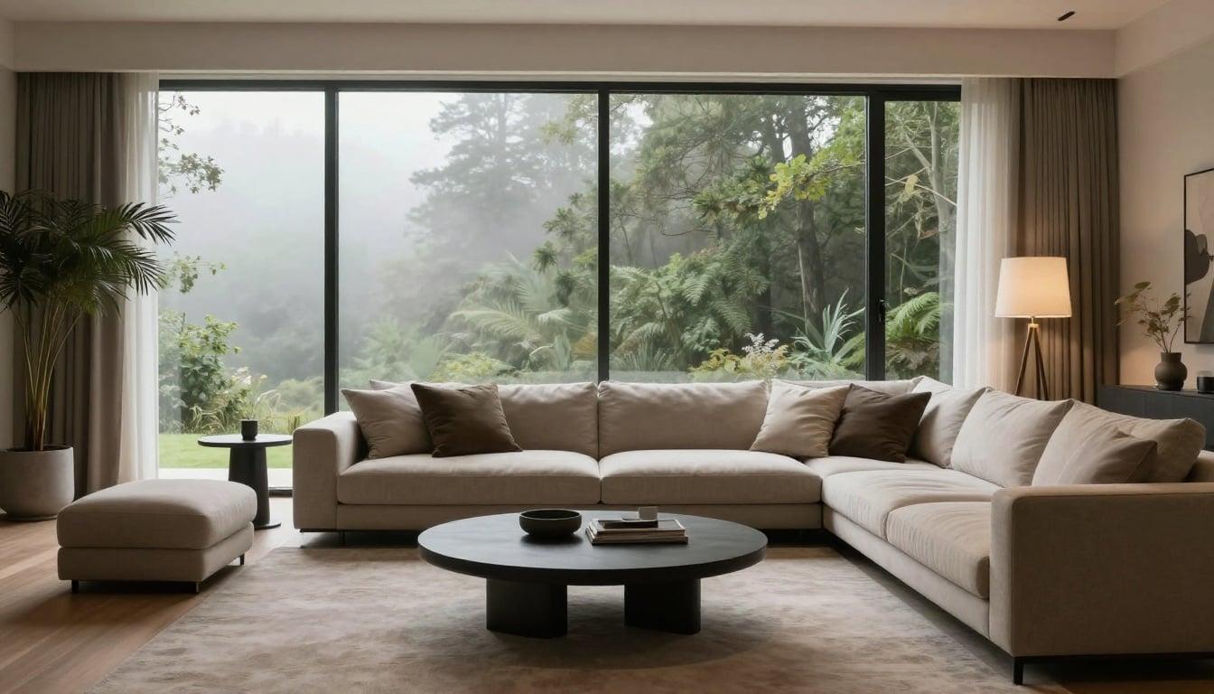 An elegant modern living room with floor-to-ceiling windows overlooking a misty forest, warm natural light