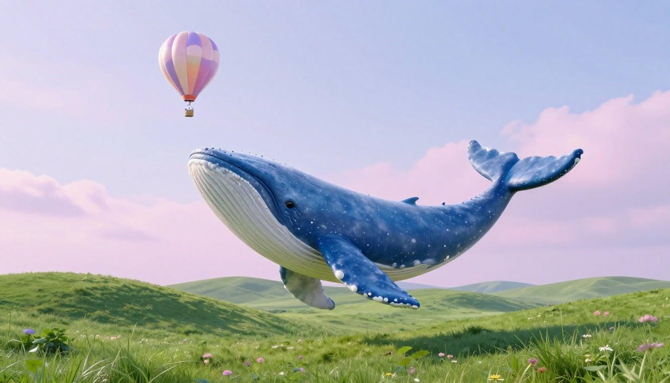 A whimsical hot air balloon shaped like a whale floating over rolling green hills, dreamy pastel sky