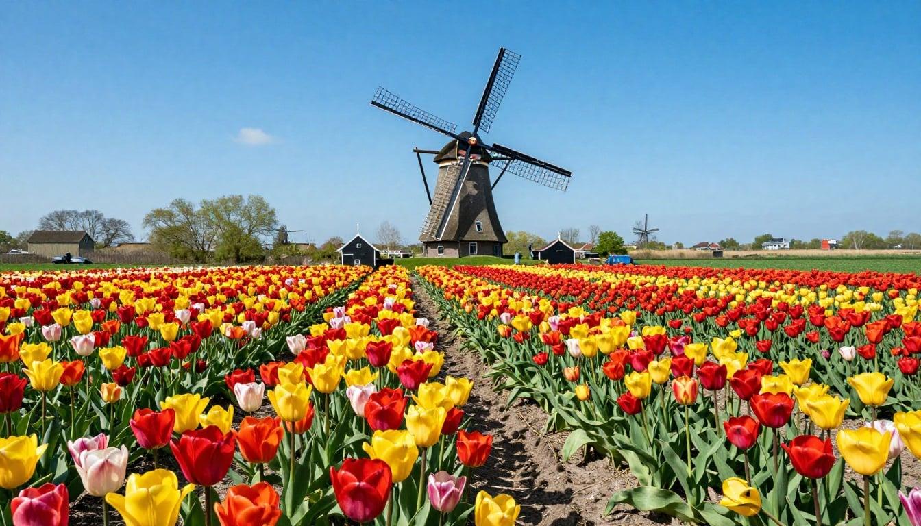 A field of vibrant tulips stretching to a windmill on the horizon, bright blue sky, Dutch countryside