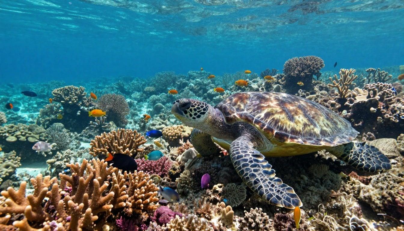 A vibrant coral reef alive with tropical fish and a sea turtle, crystal-clear water, sun rays underwater
