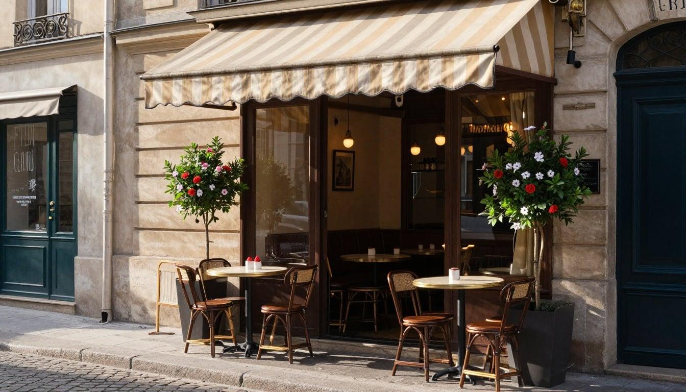 A charming Parisian cafe corner with a striped awning and flowers, cobblestone street, soft morning light