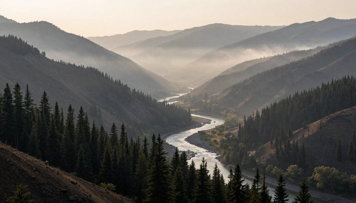 A misty mountain valley at dawn, layered ridgelines, a winding river through pine forest, soft light