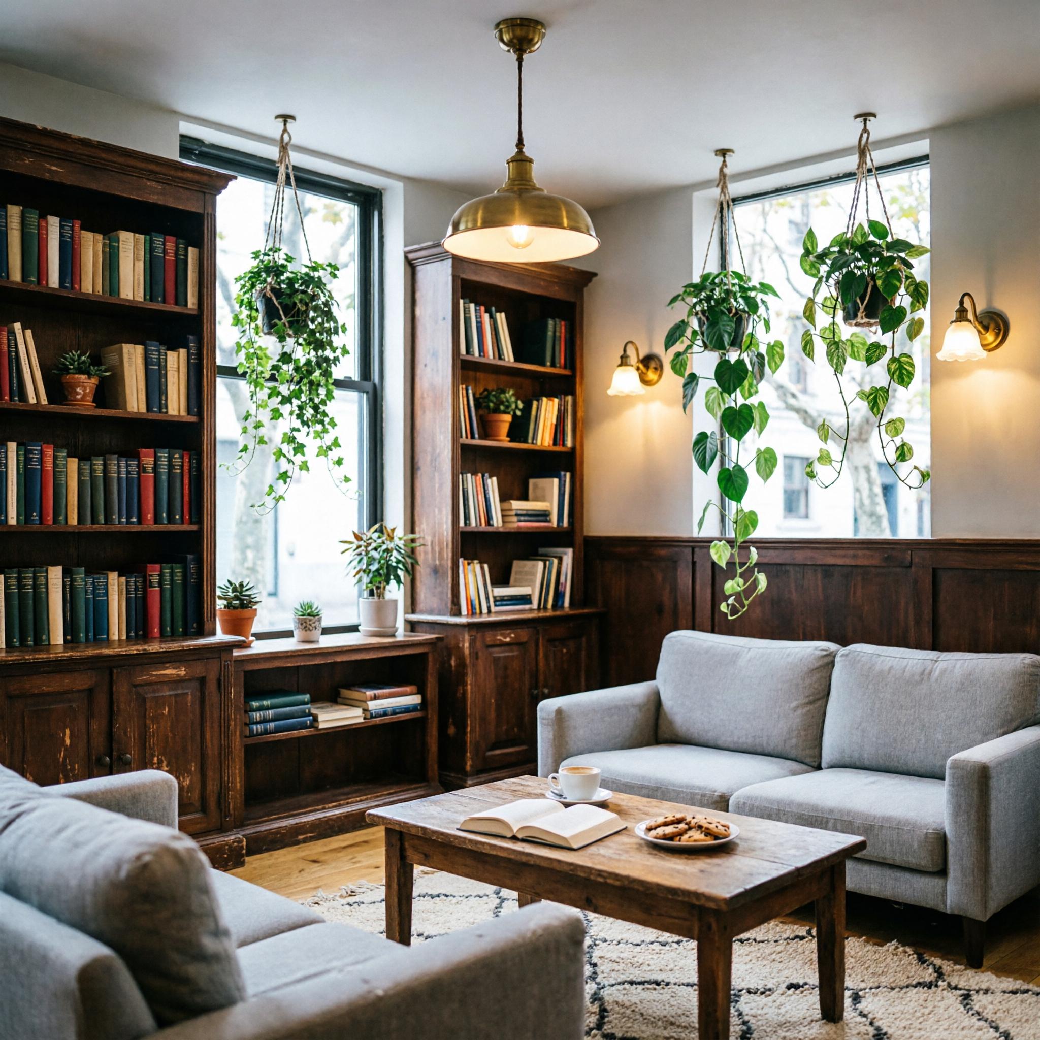 a cozy bookstore cafe interior, warm lighting, hanging plants, wooden shelves