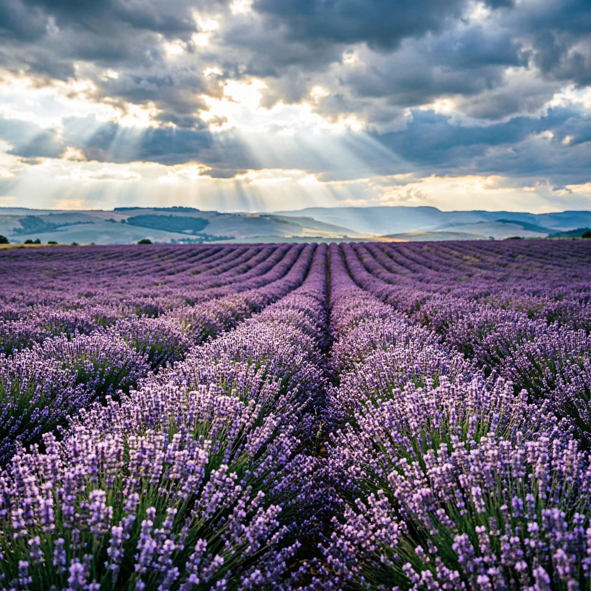 a field of lavender under a dramatic cloudy sky, rolling hills to the horizon