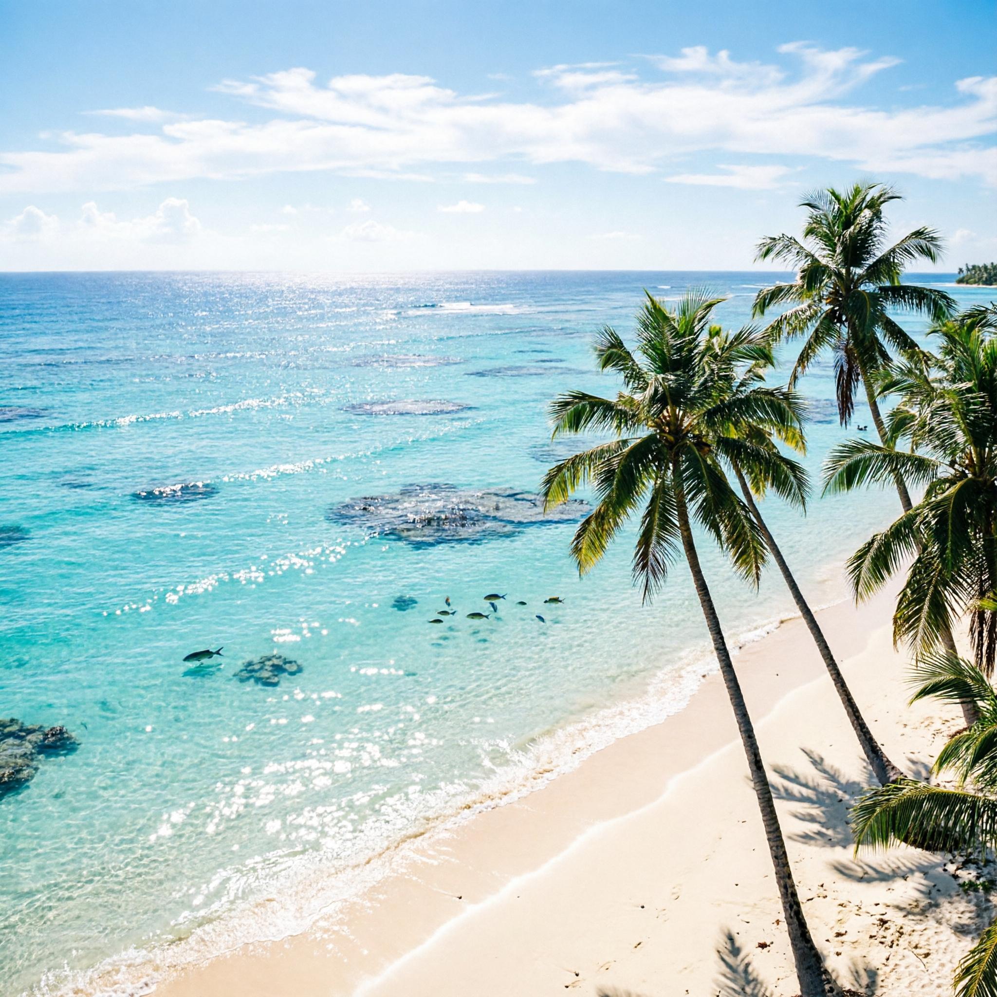 a tropical beach with turquoise water and leaning palm trees, aerial view