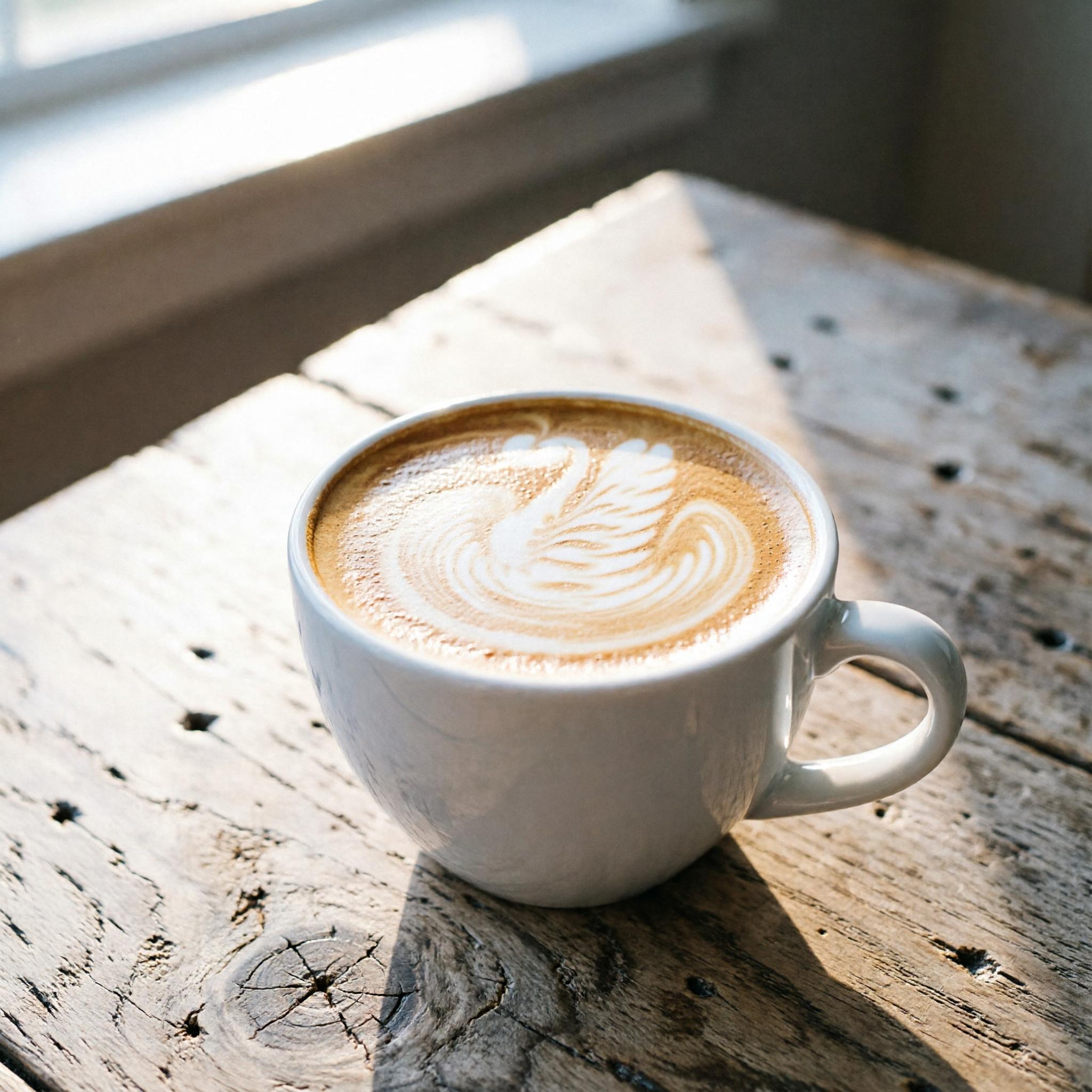 a cup of coffee with delicate latte art on a rustic wooden table, morning light