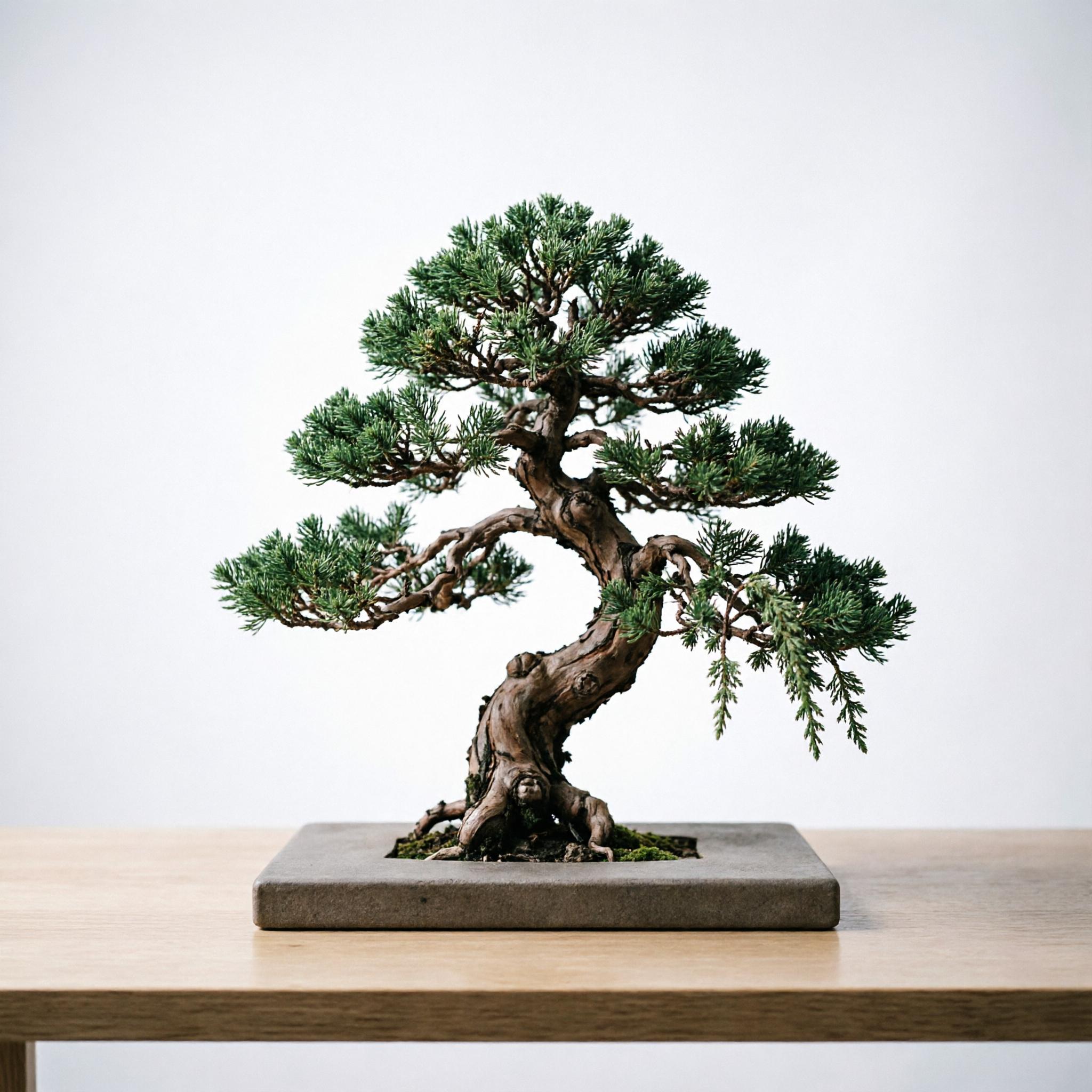 a delicate bonsai tree on a minimalist desk under soft studio lighting