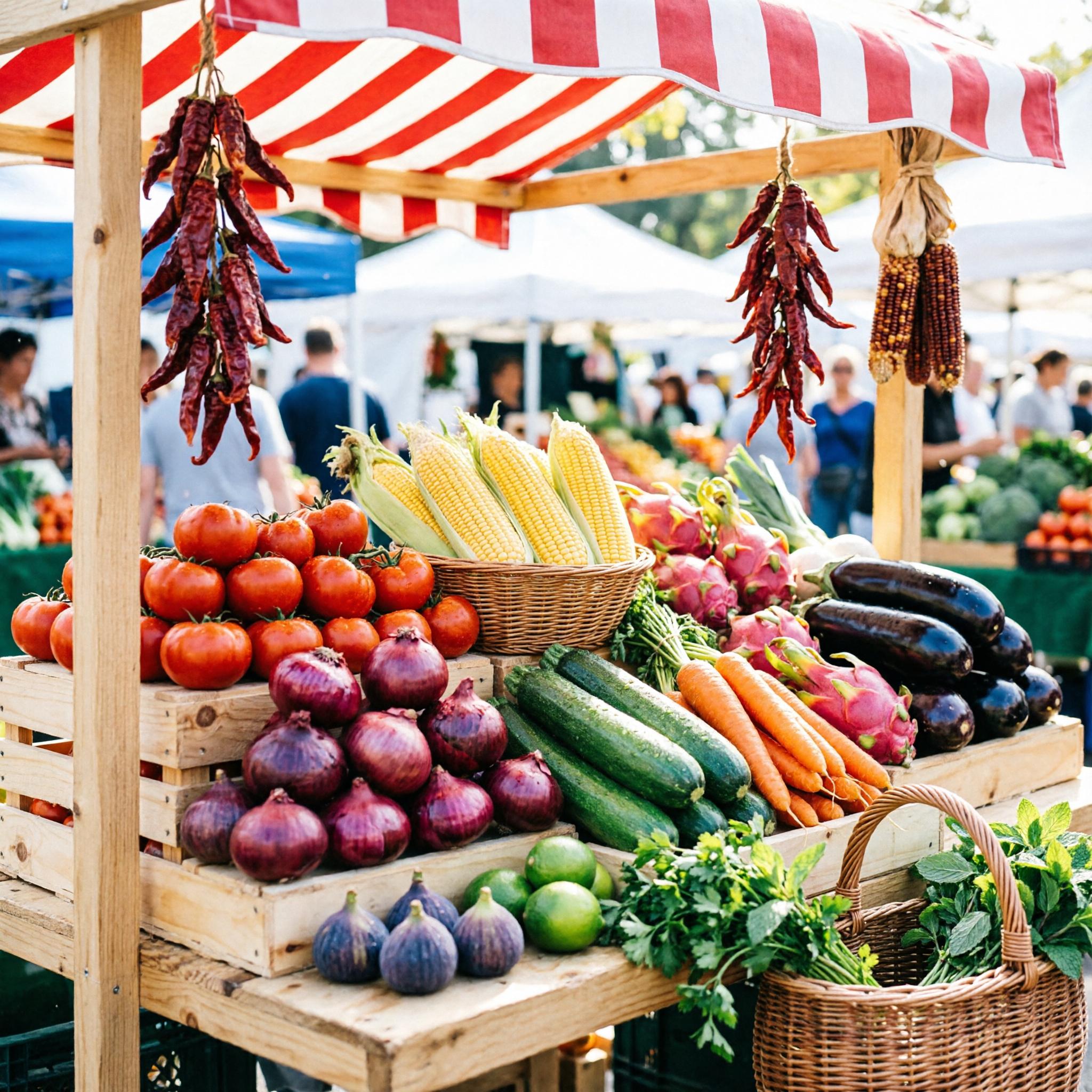a colorful farmers market stall overflowing with fresh fruit and vegetables
