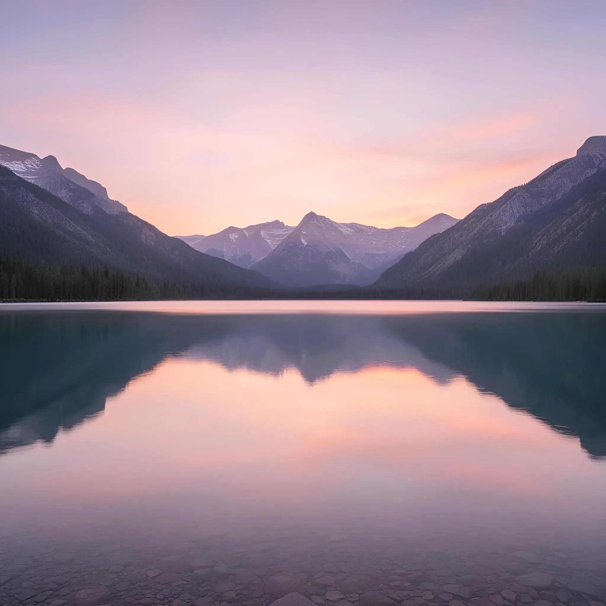 a serene mountain lake at sunrise, mirror reflection, soft pastel sky