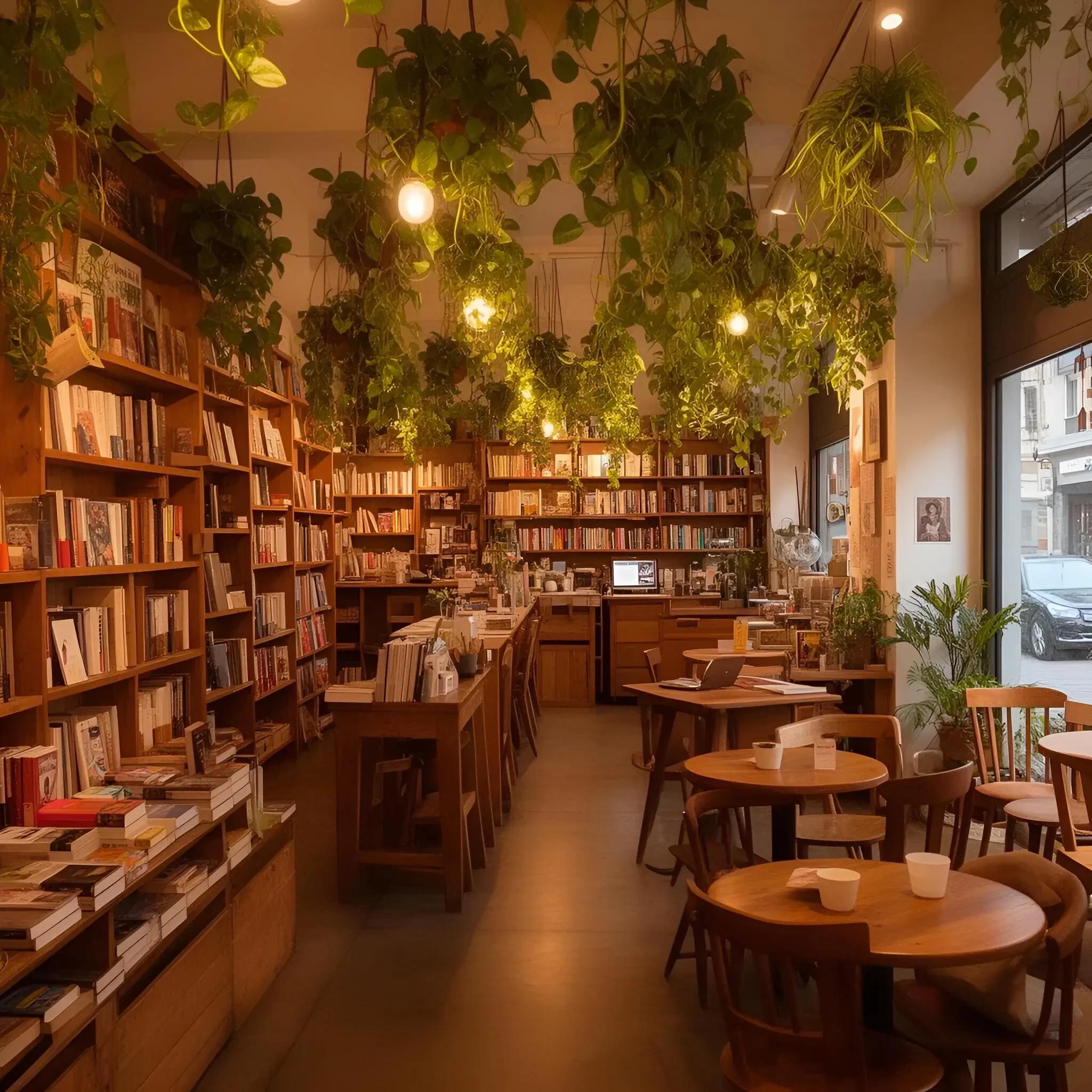 a cozy bookstore cafe interior, warm lighting, hanging plants, wooden shelves