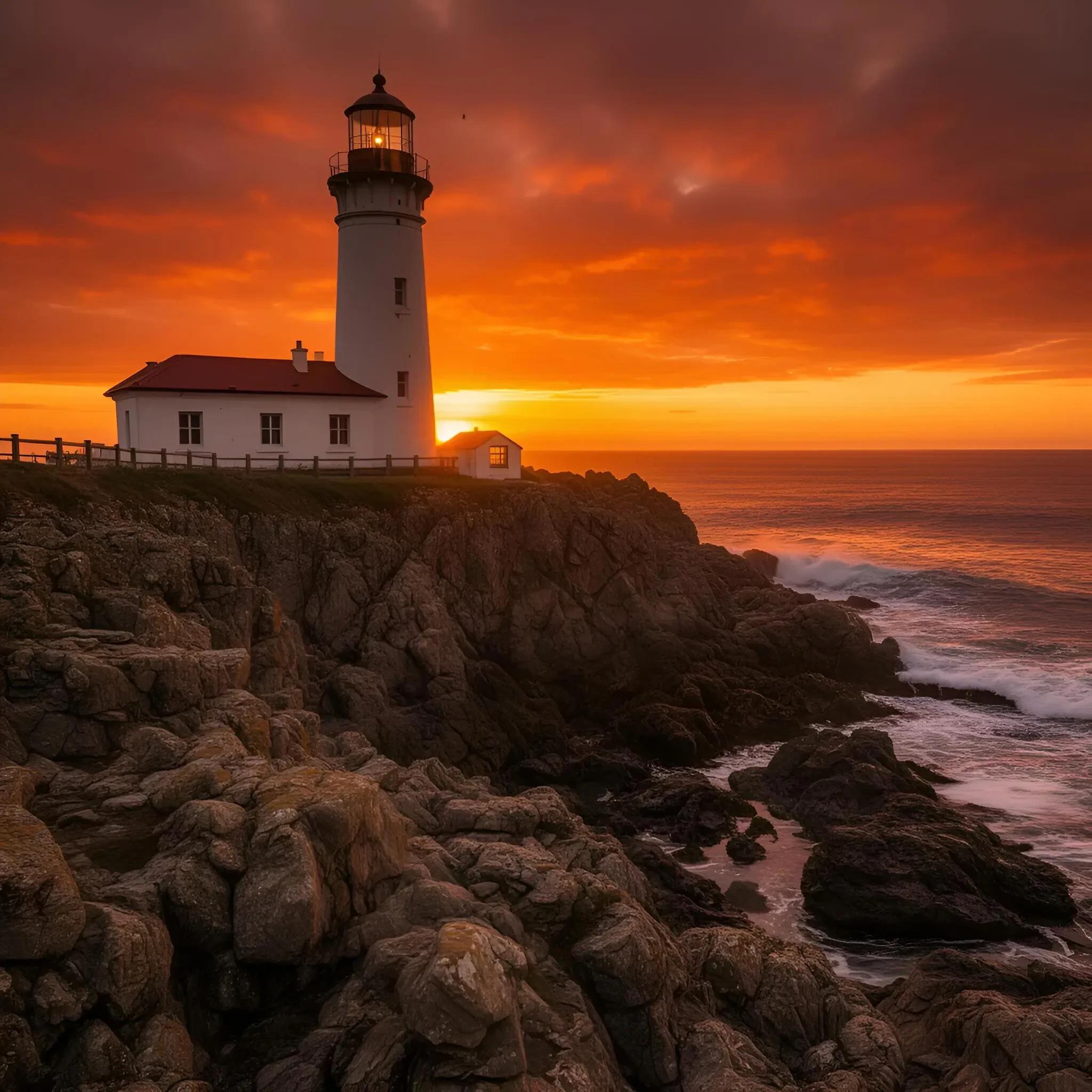 a lighthouse on a rugged rocky coast during a dramatic orange sunset