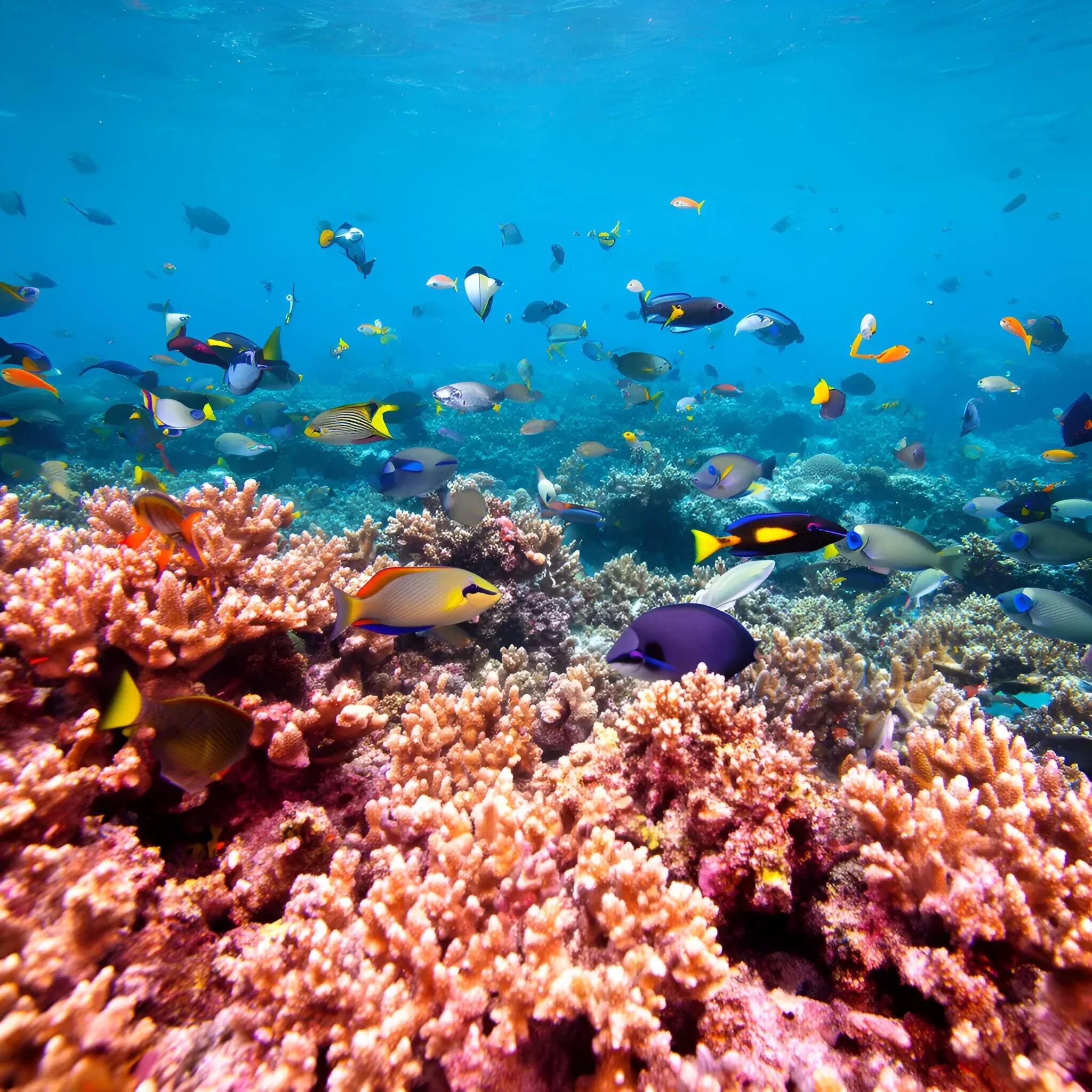 a vibrant coral reef teeming with tropical fish, crisp underwater photography