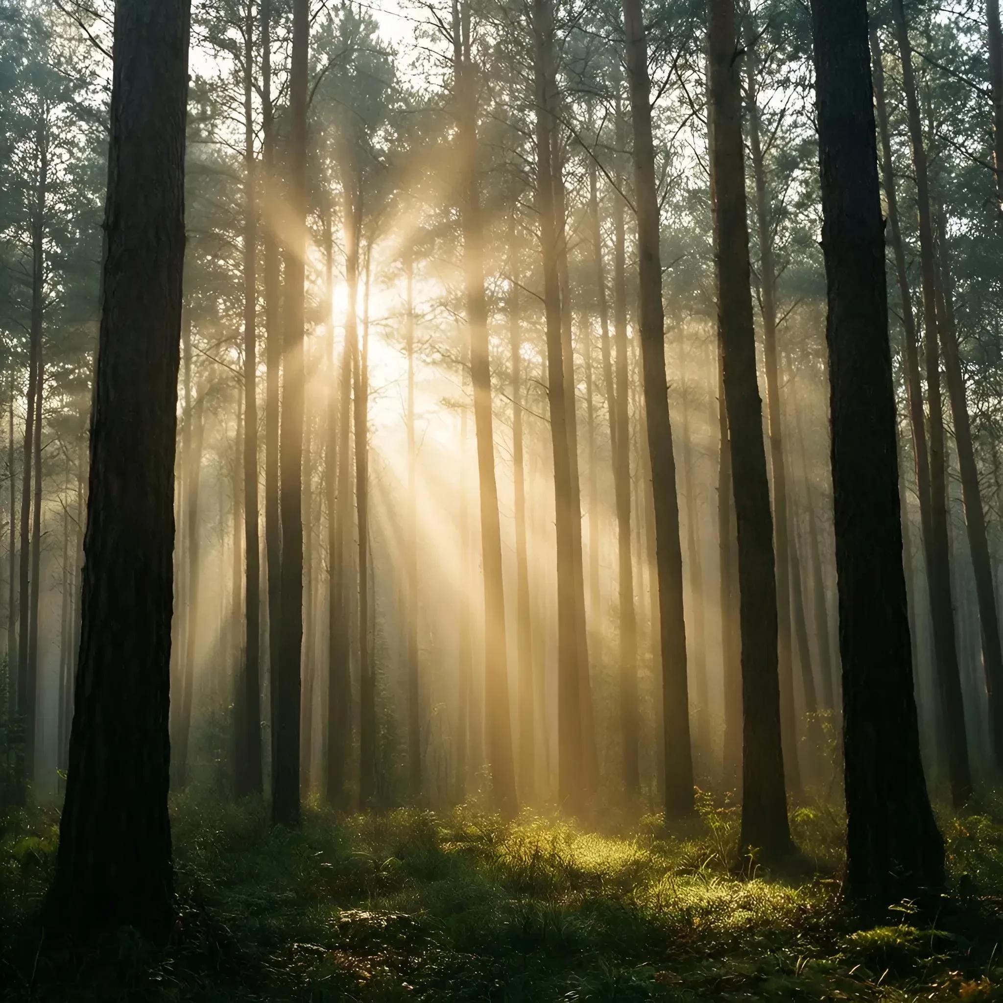 a misty pine forest with golden sun rays breaking through the tall trees