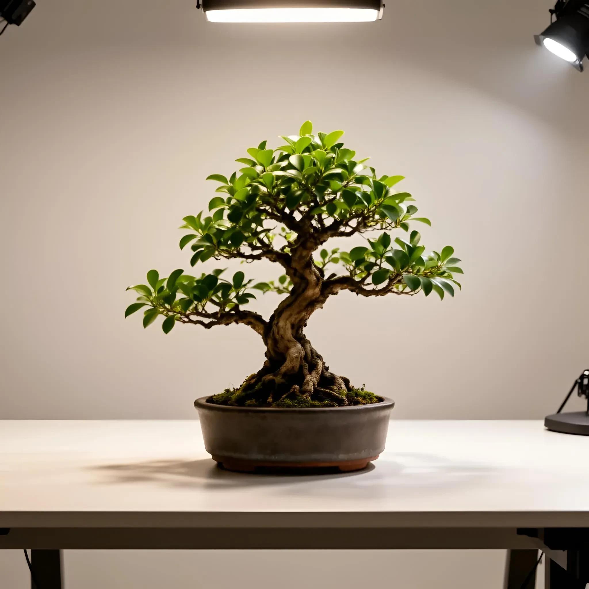 a delicate bonsai tree on a minimalist desk under soft studio lighting